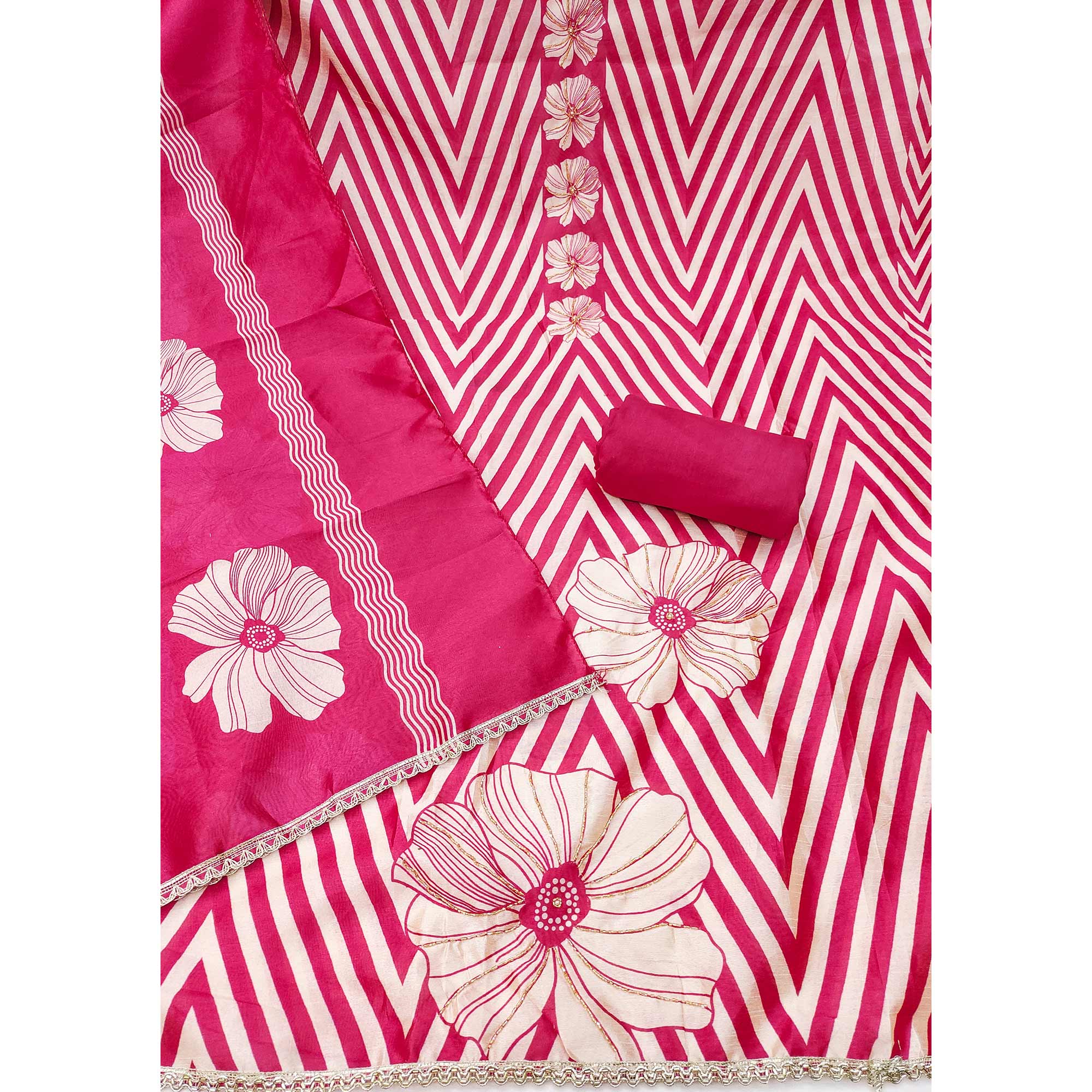 Pink Digital Printed Cotton Silk Dress Material Featuring Floral & Zig Zag Patterns With Handwork