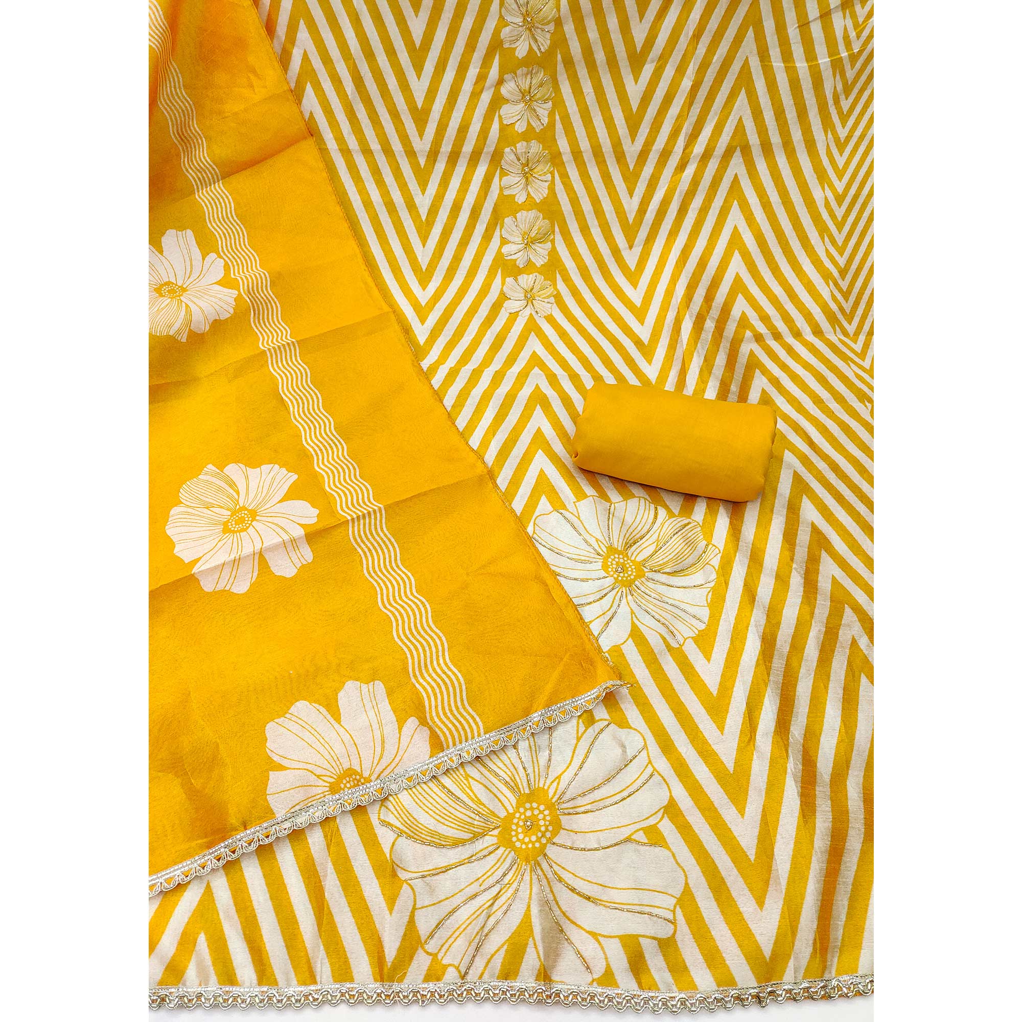 Yellow Digital Printed Cotton Silk Dress Material Featuring Floral & Zig Zag Patterns With Handwork