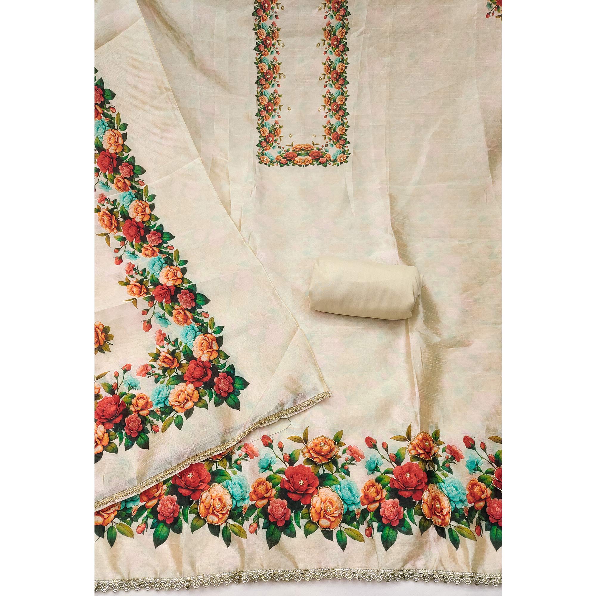 Premium Cream Floral Digital Printed Cotton Silk Dress Material With Moti Handwork