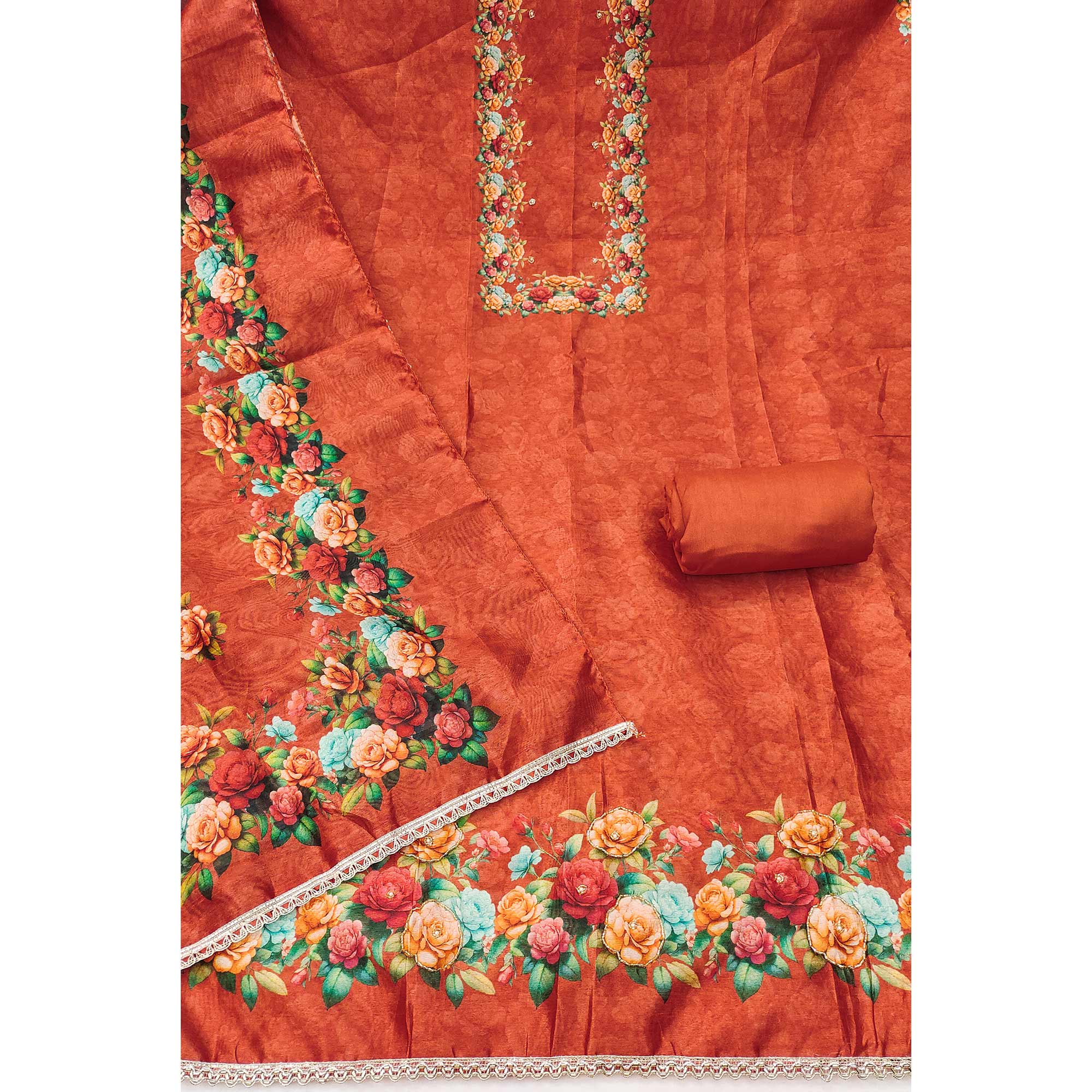 Premium Rust Floral Digital Printed Cotton Silk Dress Material With Moti Handwork