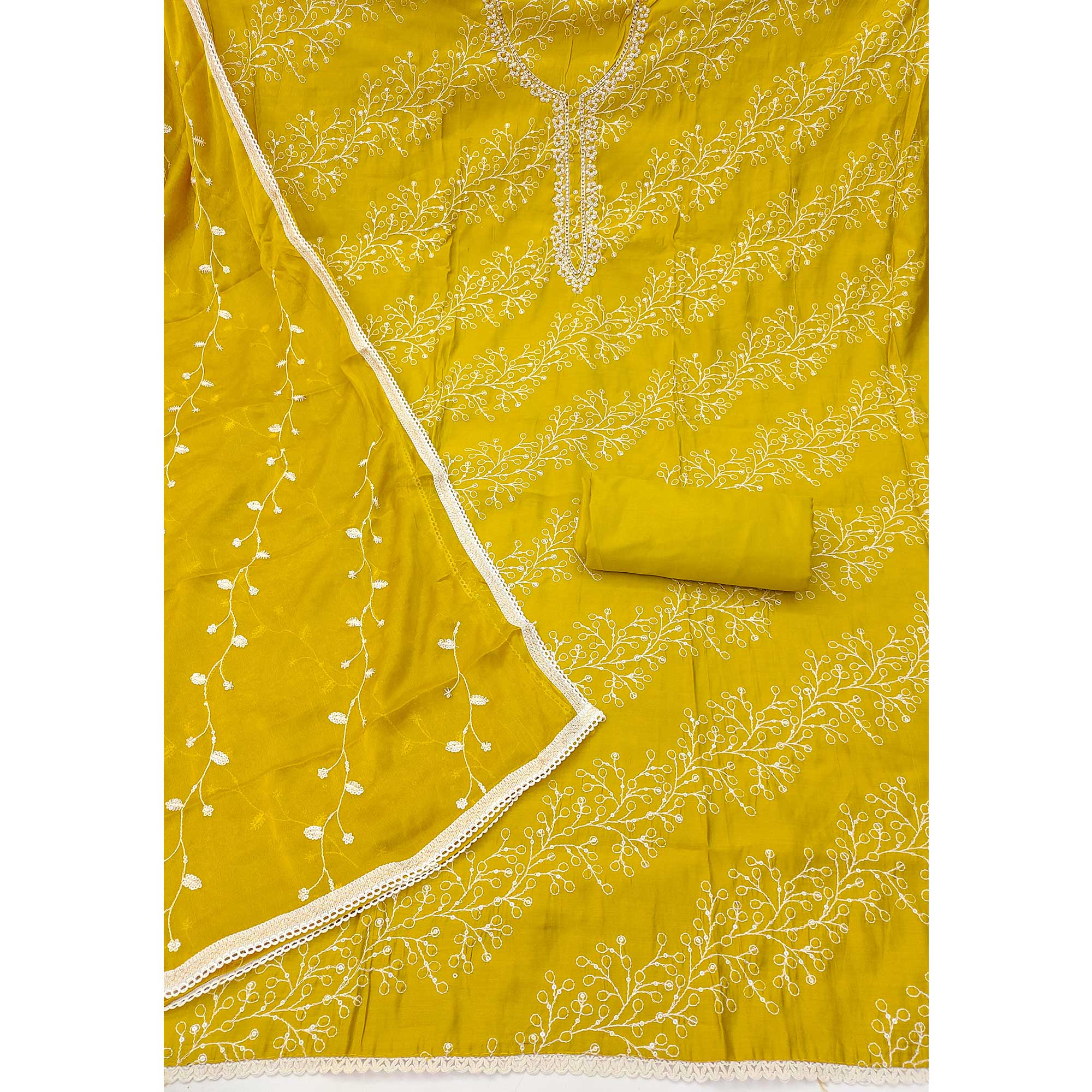 Exclusive Dark Mustard Floral Embroidery Cotton Silk Dress Material Enhanced With Moti & Sequin Work