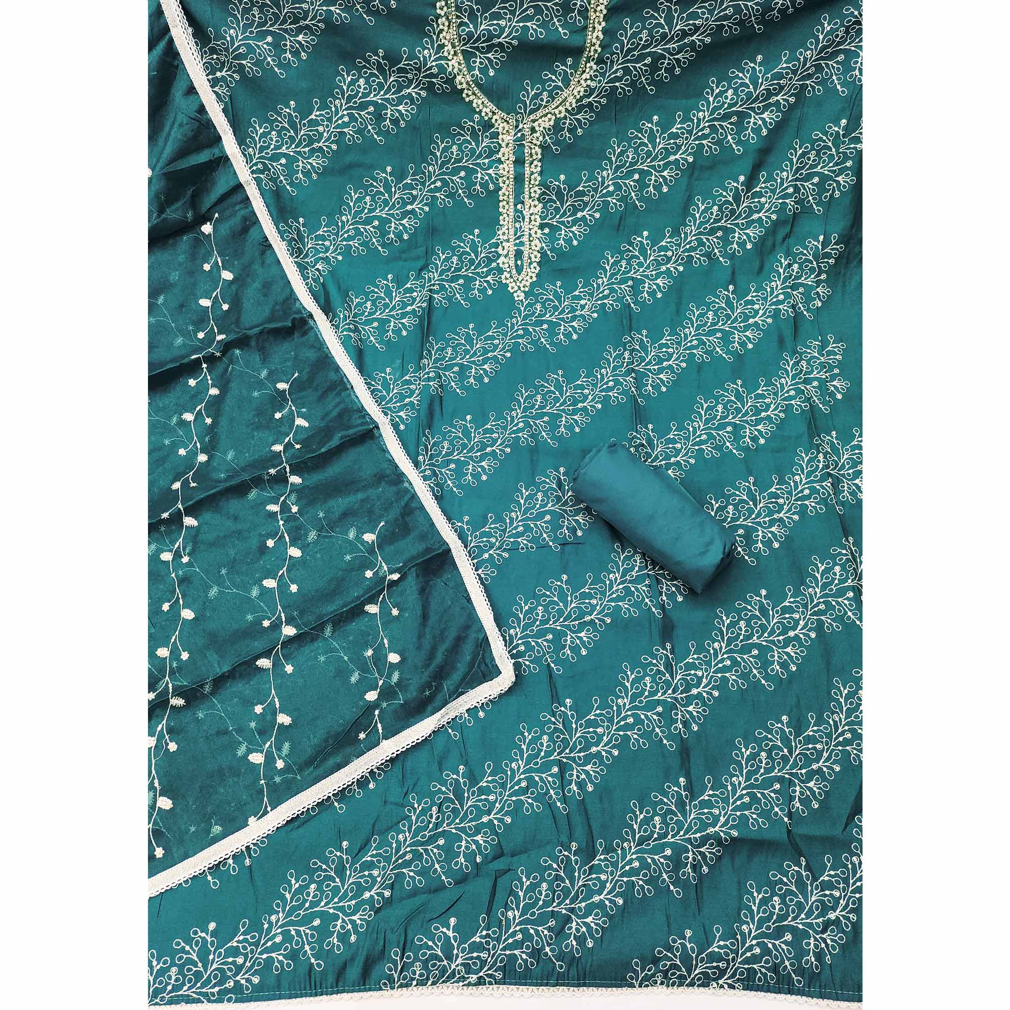 Exclusive Teal Floral Embroidery Cotton Silk Dress Material Enhanced With Moti & Sequins Work