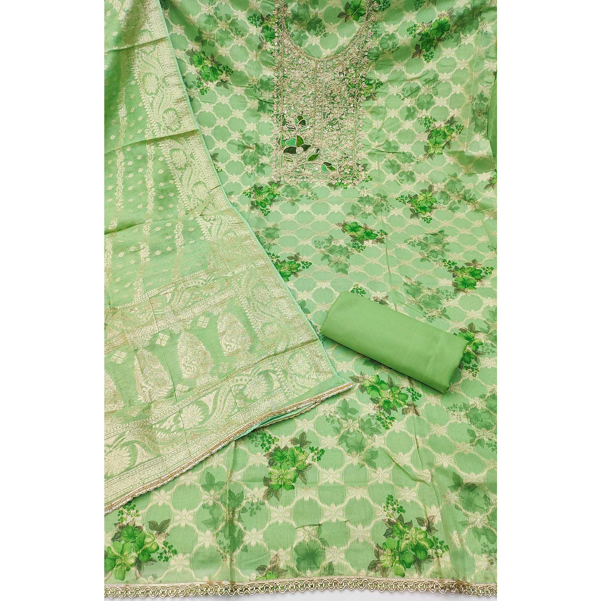 Designer Green Floral Weaving Banarasi Silk Dress Material With Intricate Cording Embroidery