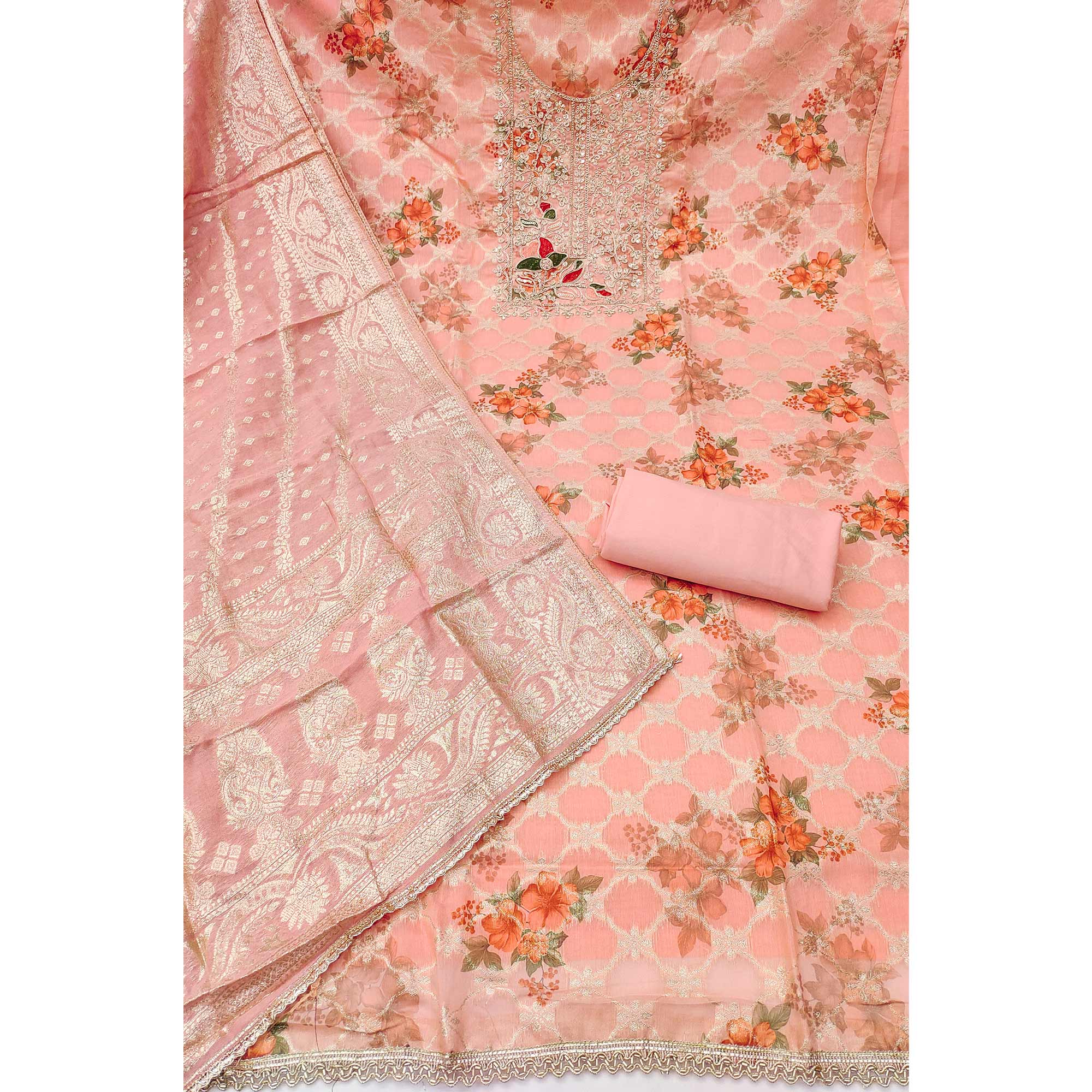 Designer Peach Floral Weaving Banarasi Silk Dress Material With Intricate Cording Embroidery