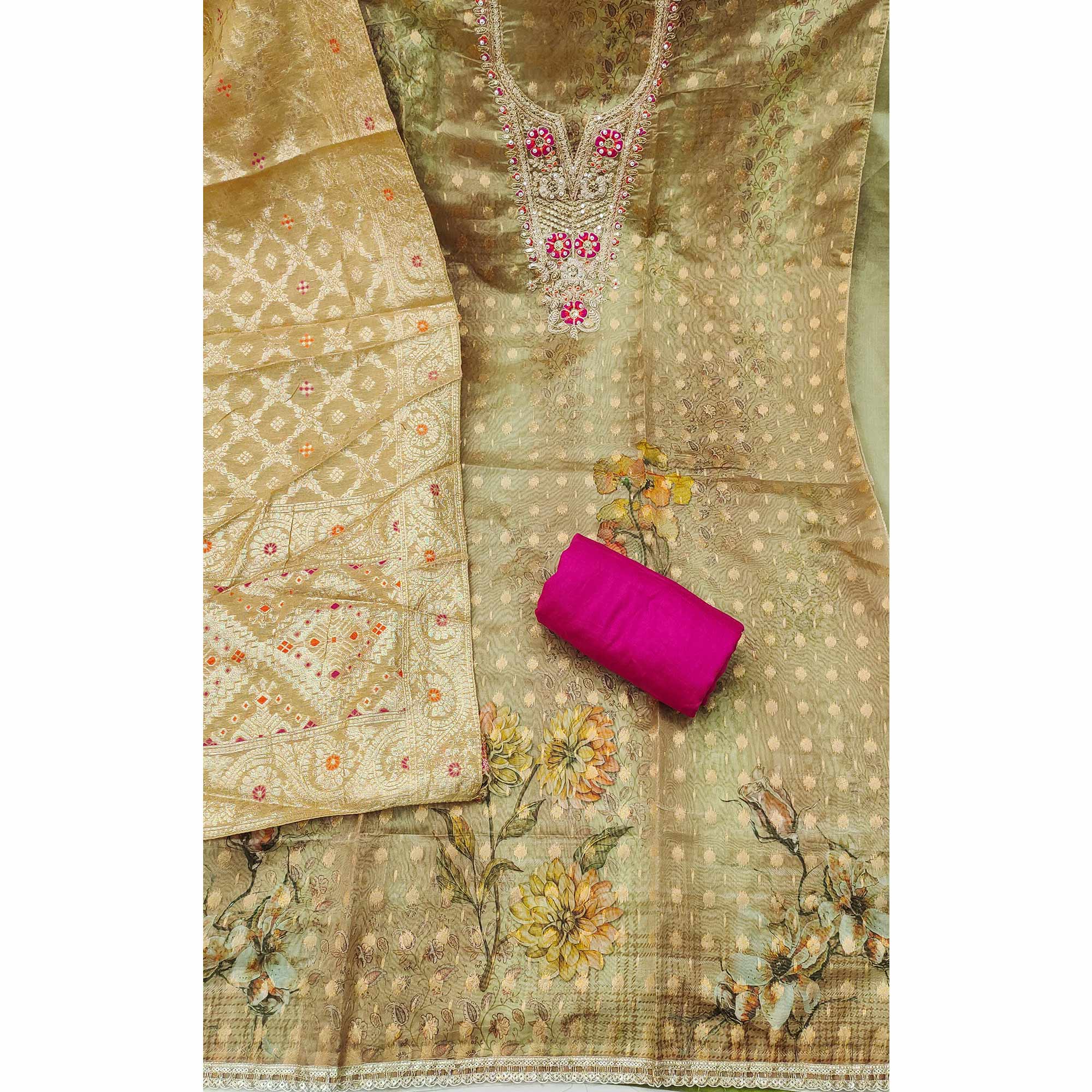 Elegant Mehendi Green Floral Weaving & Digital Print Organza Dress Material With Cording Embroidery