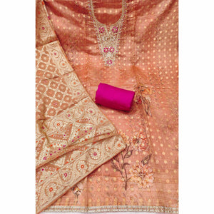 Elegant Peach Floral Weaving & Digital Print Organza Dress Material With Cording Embroidery