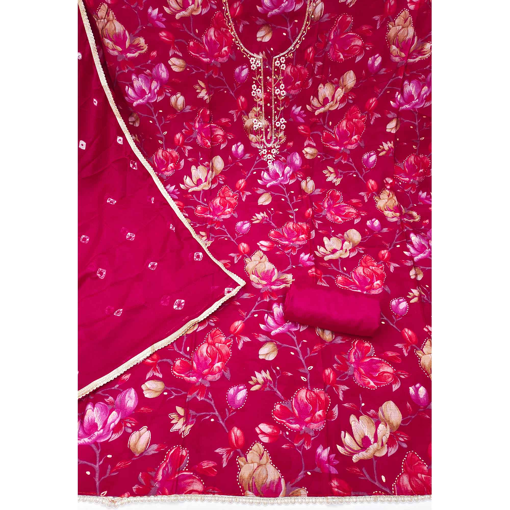 Exclusive Pink Floral Printed Cotton Silk Dress Material Adorned With Beads & Moti Handwork