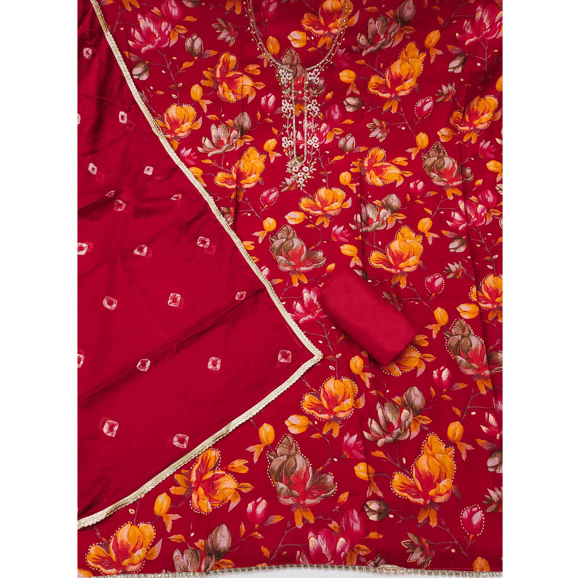 Exclusive Red Floral Printed Cotton Silk Dress Material Adorned With Beads & Moti Handwork