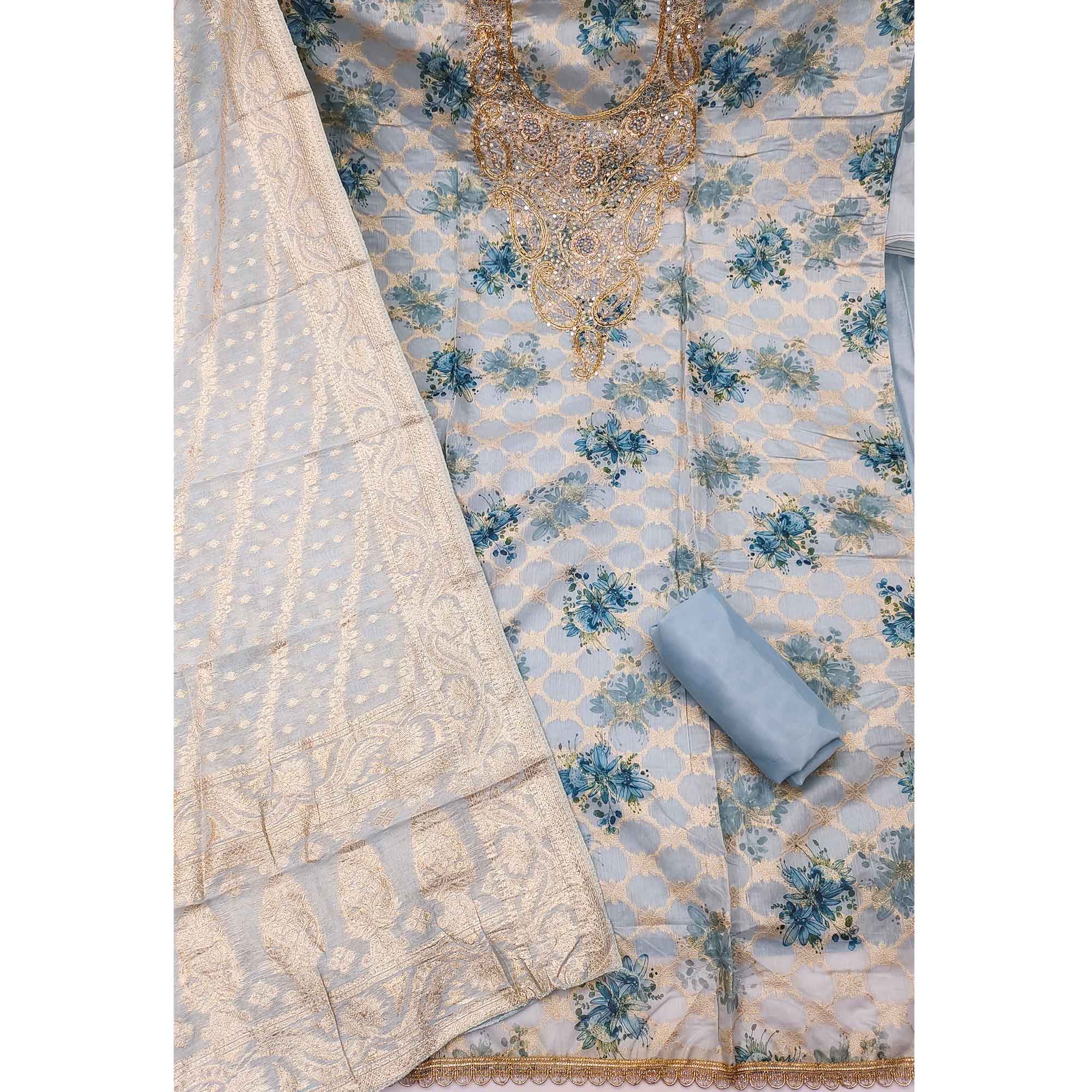 Blue Floral Weaving & Digital Printed Banarasi Silk Dress Material With Cording Embroidery