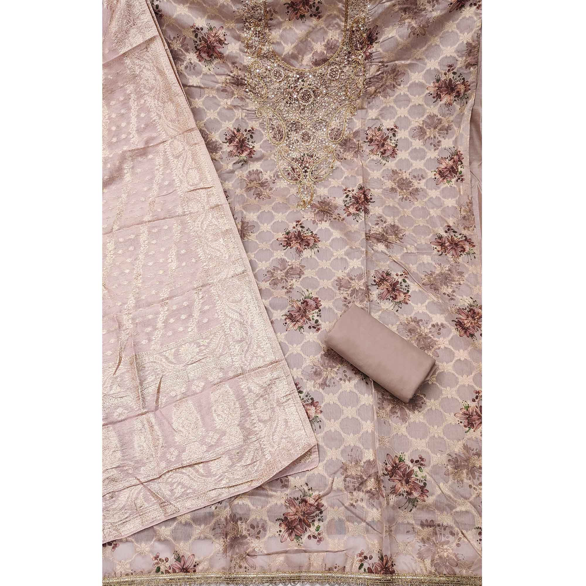 Pastel Mauve Floral Weaving & Digital Printed Banarasi Silk Dress Material With Cording Embroidery
