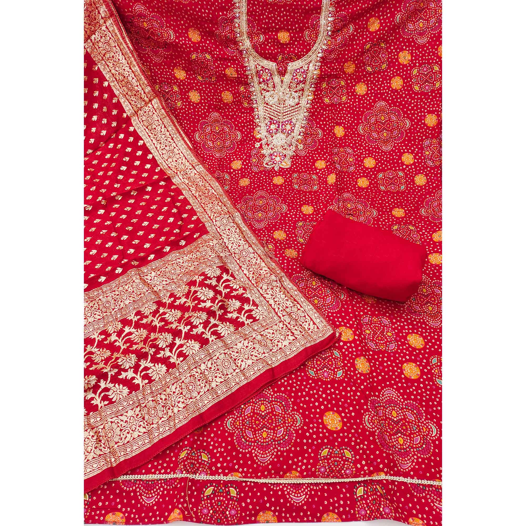 Premium Red Bandhani Print Cotton Silk Dress Material Featuring Floral Cording Embroidery Work