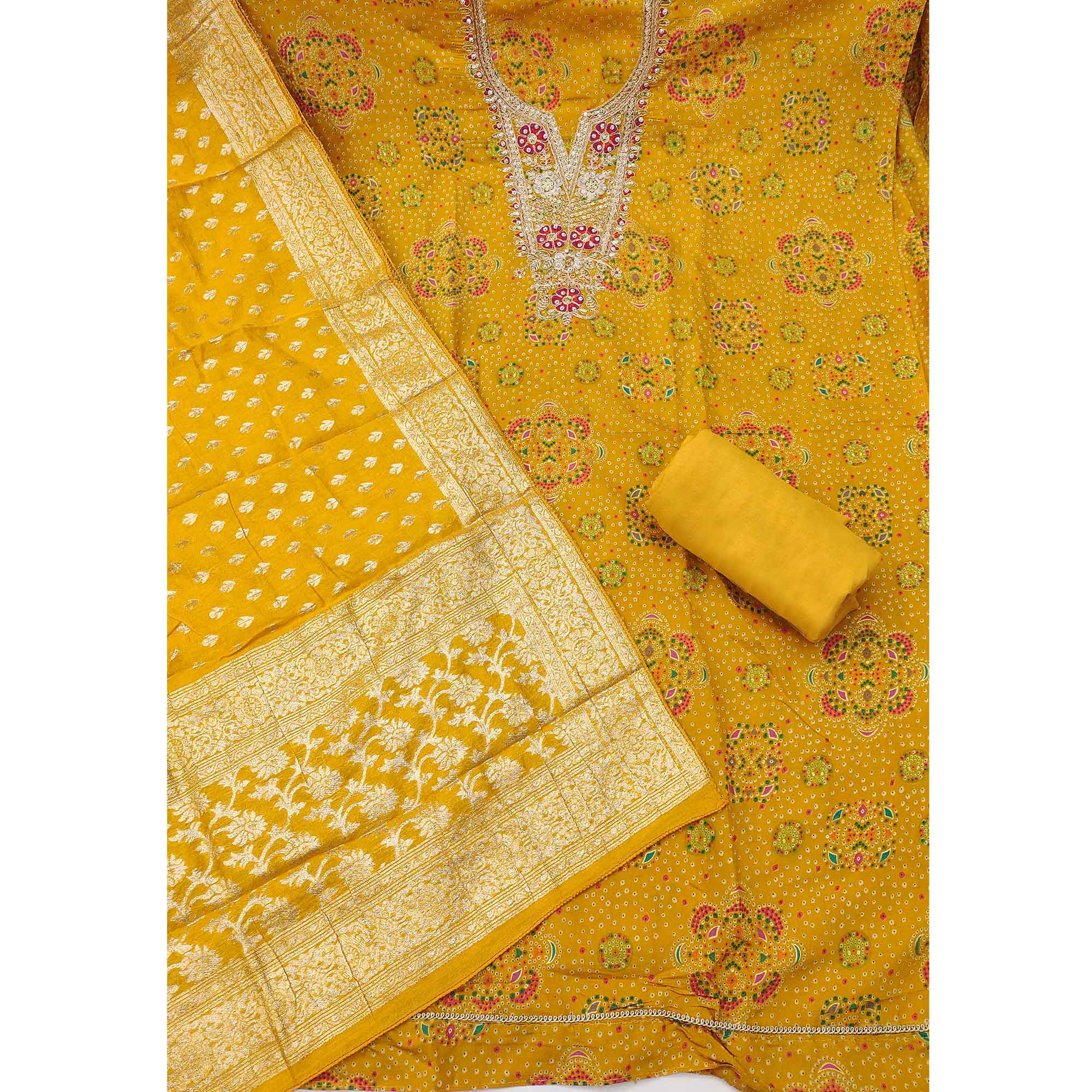 Premium Yellow Bandhani Print Cotton Silk Dress Material Featuring Floral Cording Embroidery Work