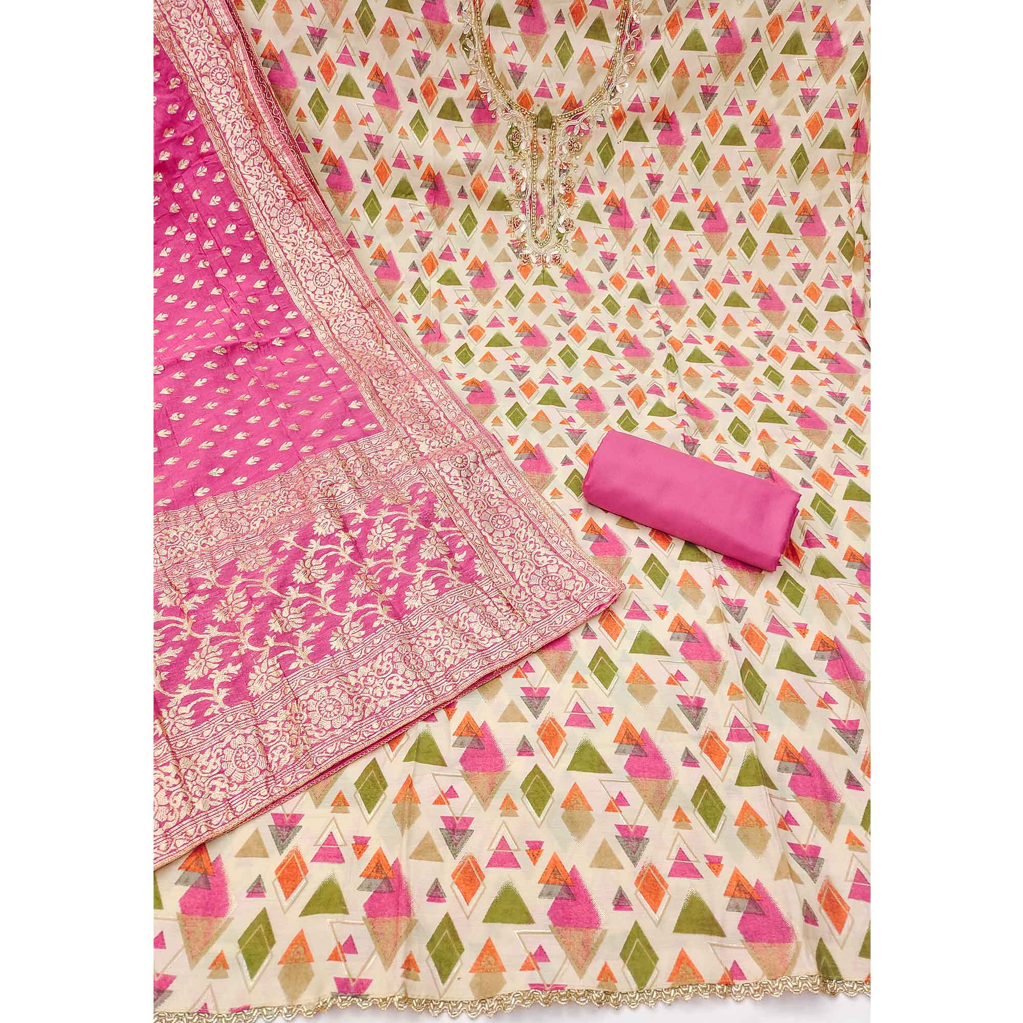 Premium Pink Geometric Print Cotton Silk Dress Material Featuring Moti & Sequins Handwork