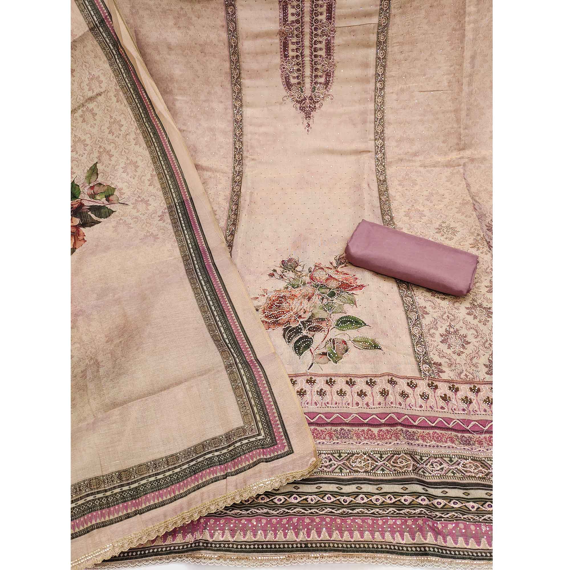 Exclusive Mauve Floral Print Shimmer Dress Material Adorned With Swarovski Embellishments
