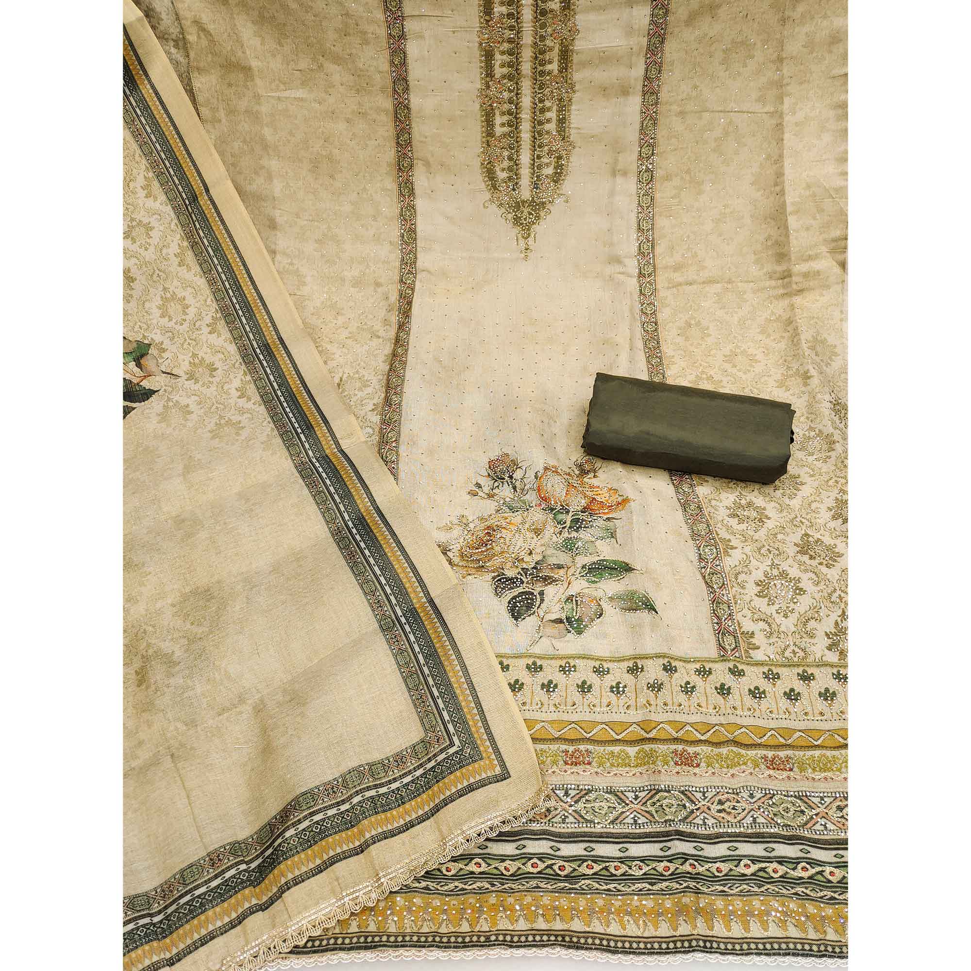 Exclusive Light Olive Floral Print Shimmer Dress Material Adorned With Swarovski Embellishments