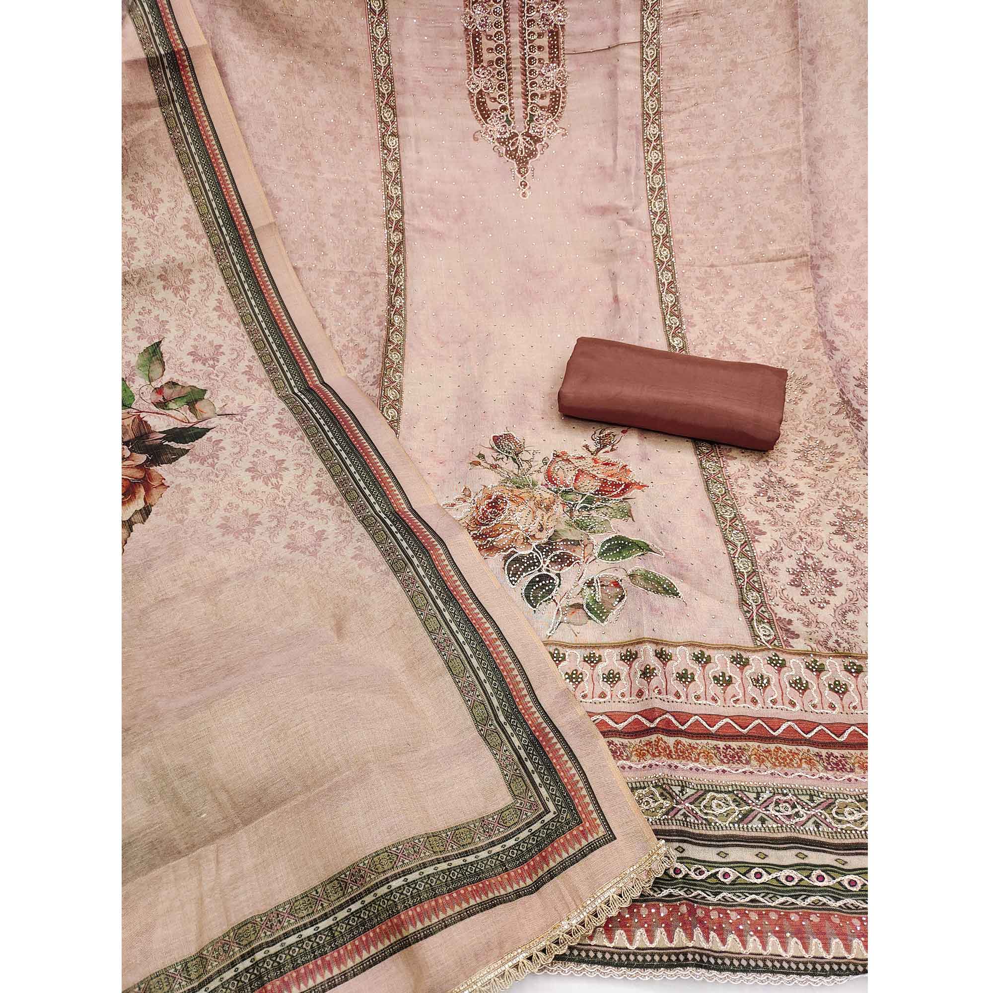 Exclusive Peach Floral Print Shimmer Dress Material Adorned With Swarovski Embellishments