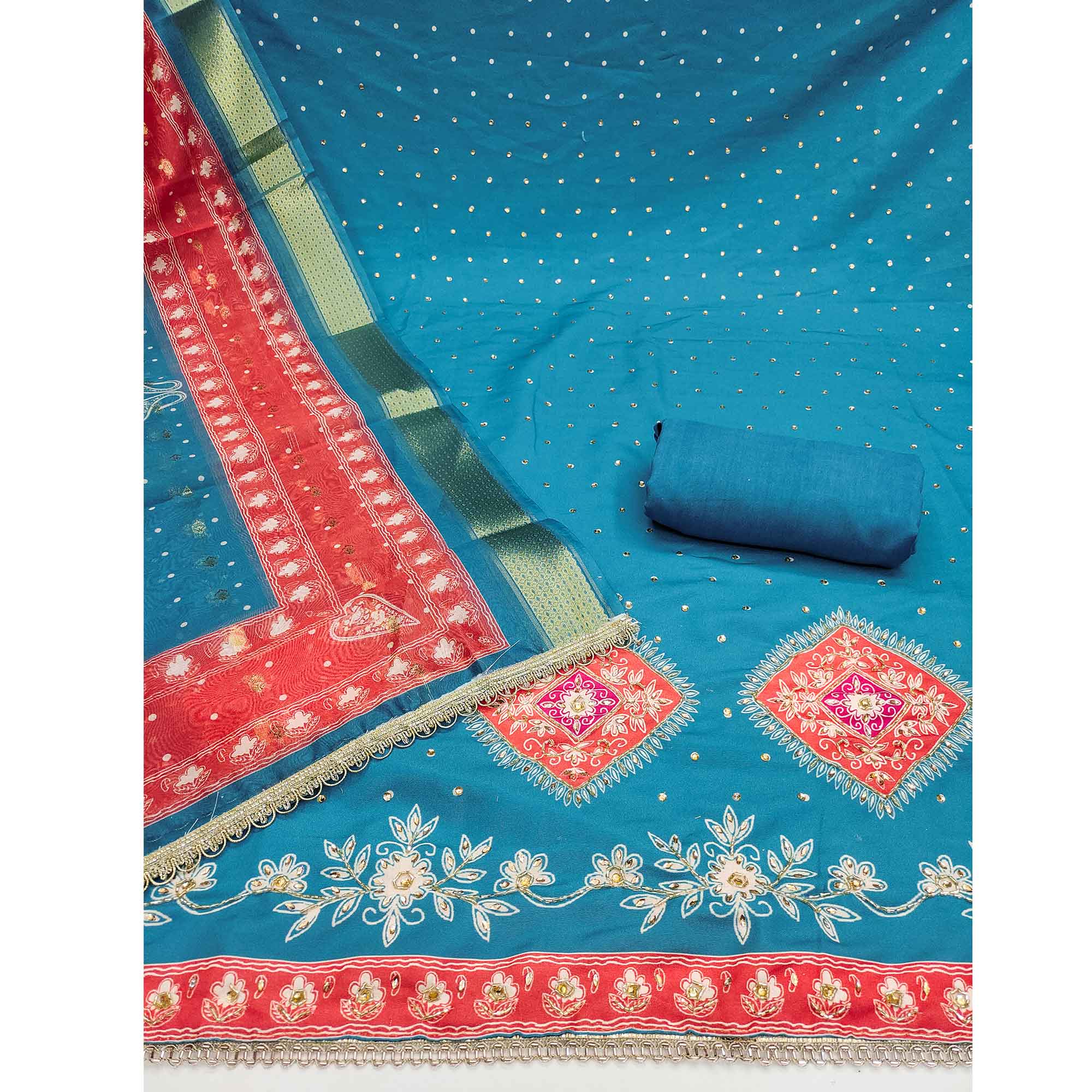 Classic Blue Floral Digital Printed With Stone Work Rayon Dress Material