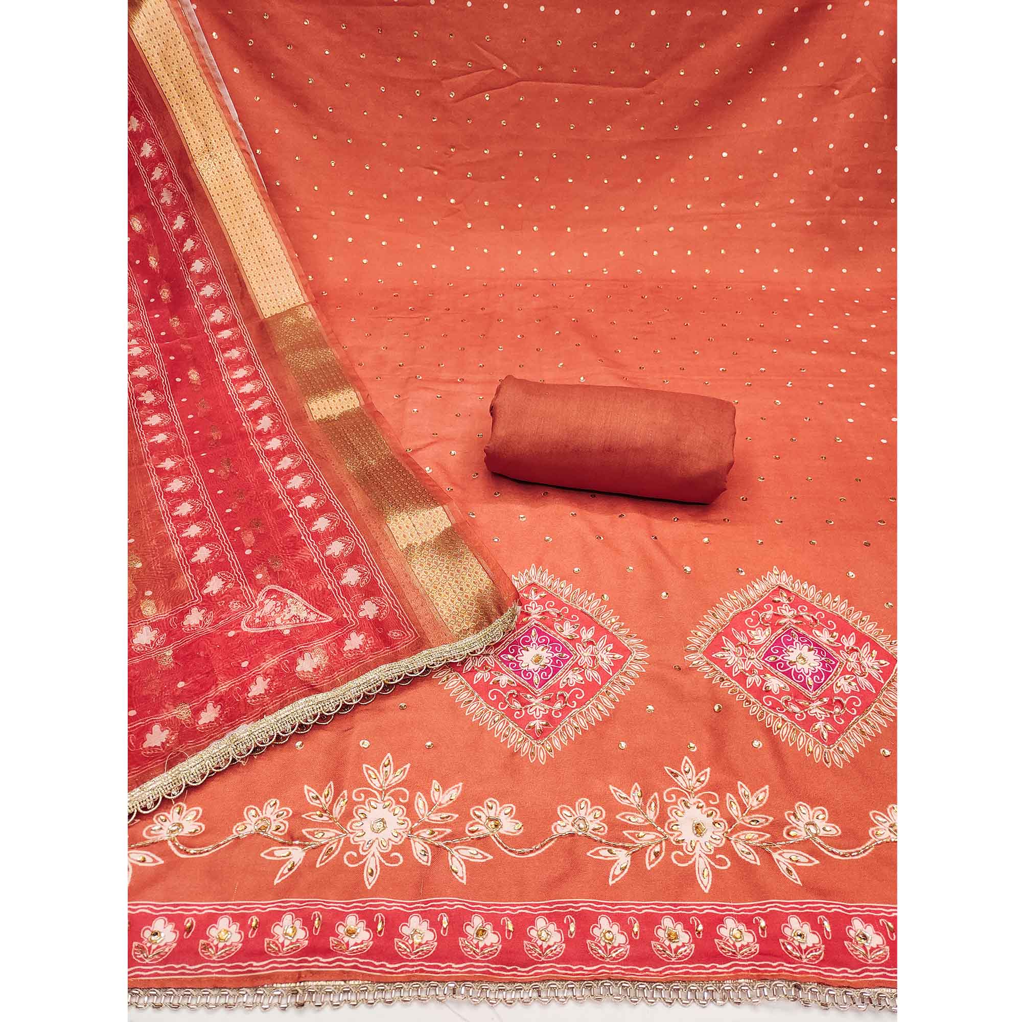 Classic Orange Rust Floral Digital Printed With Stone Work Rayon Dress Material