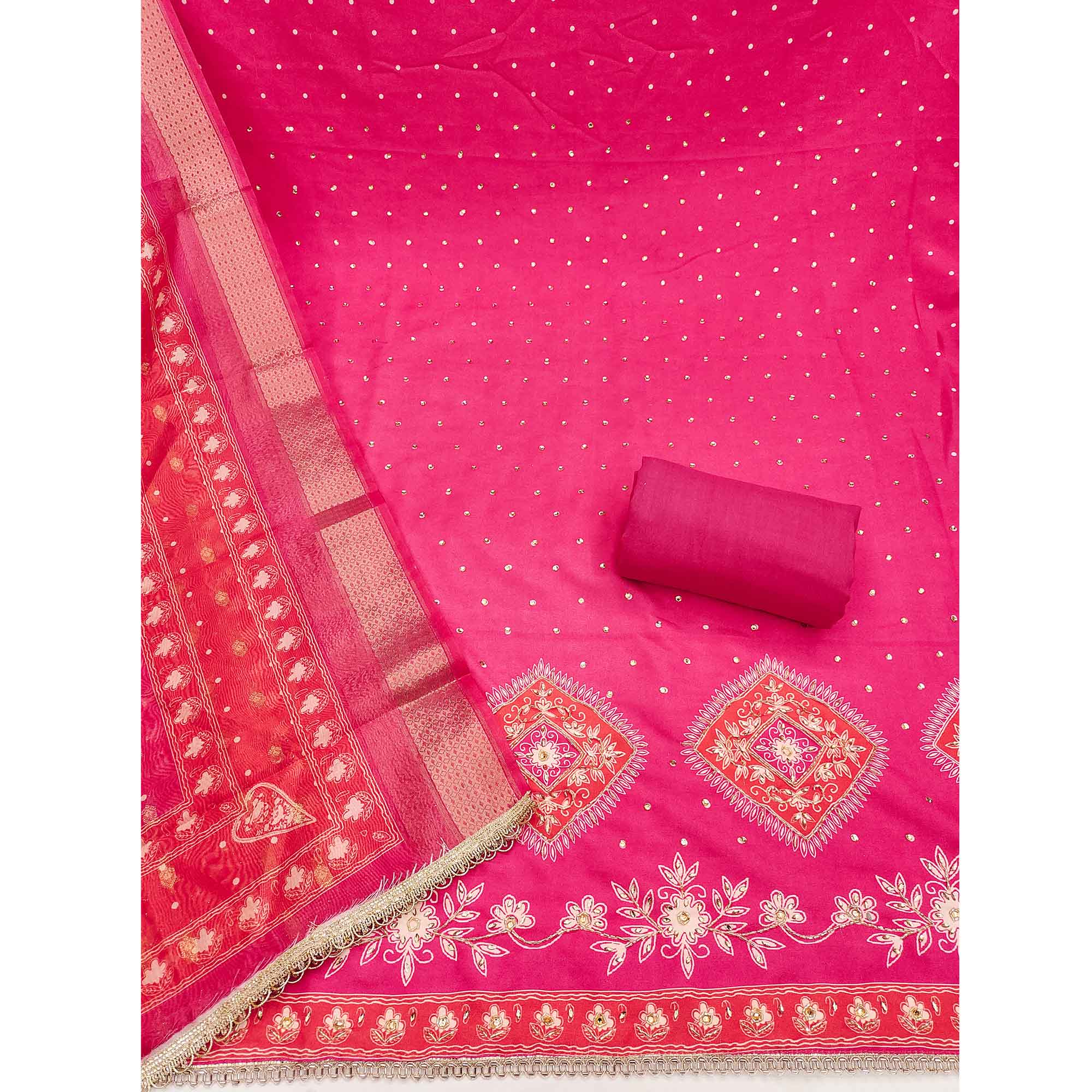 Classic Rani Pink Floral Digital Printed With Stone Work Rayon Dress Material
