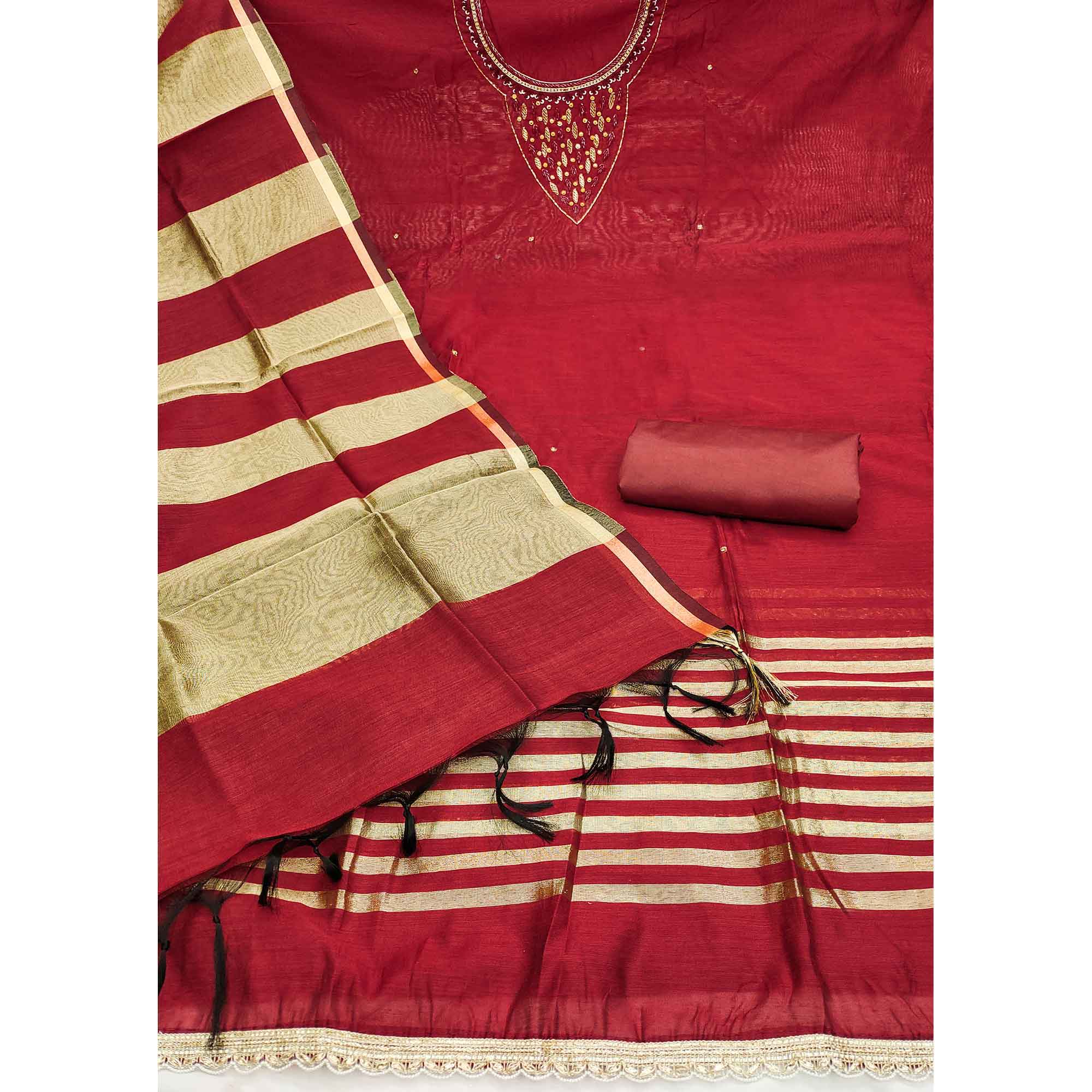Elegant Maroon Beads & Sequins Handwork Chanderi Cotton Dress Material With Weaving Striped Pattern