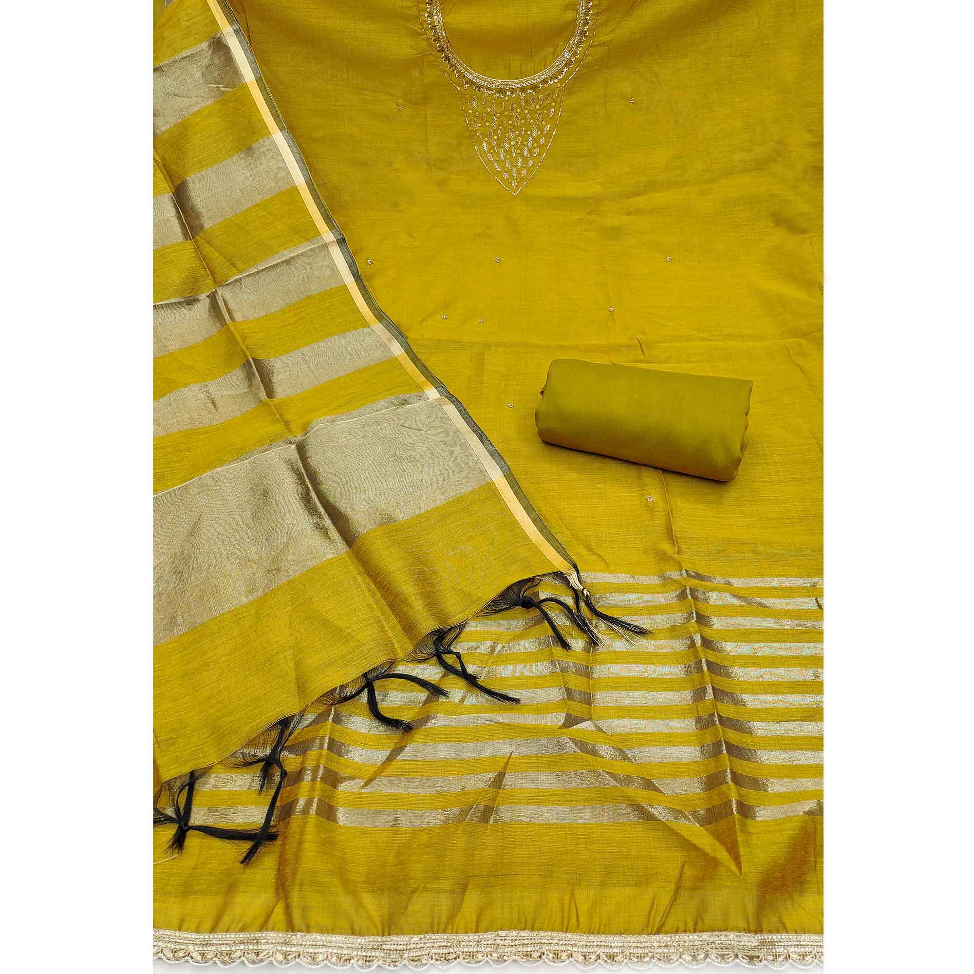Elegant Mustard Beads & Sequins Handwork Chanderi Cotton Dress Material With Weaving Striped Pattern