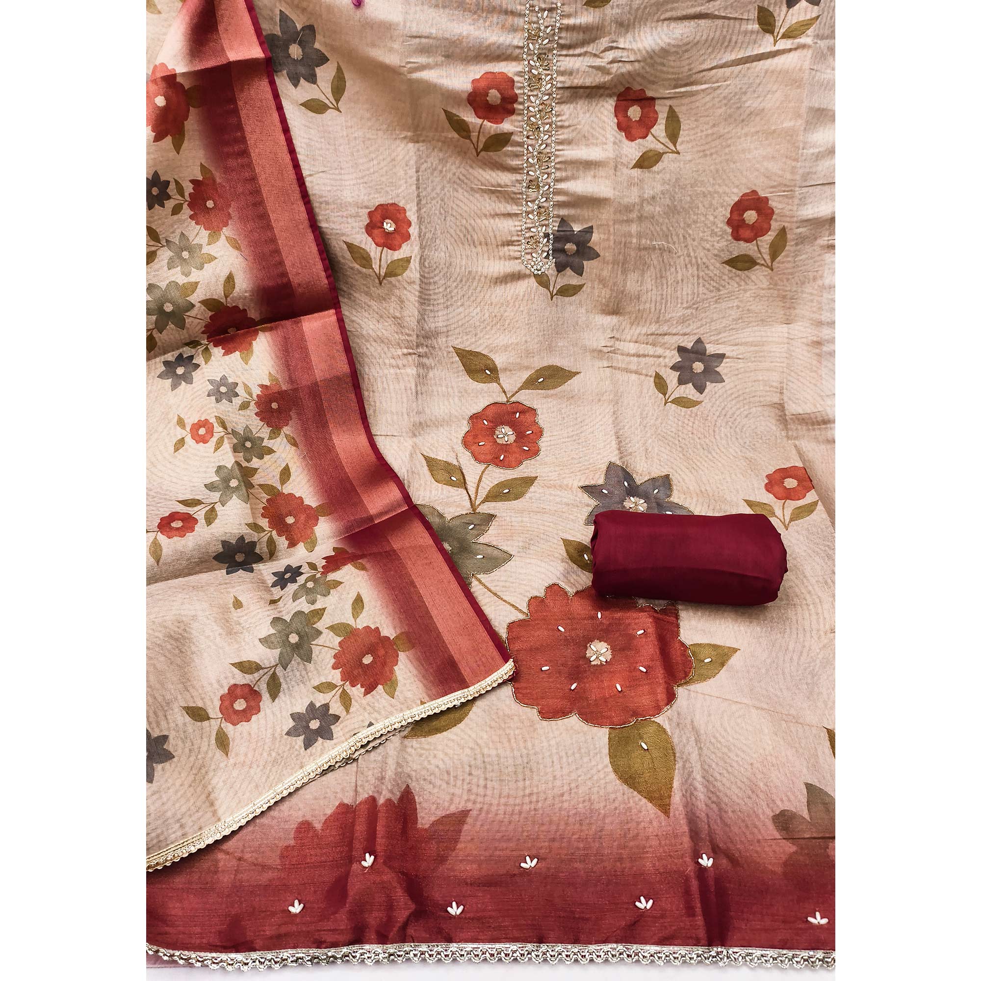 Beige & Maroon Digital Floral Printed Shimmer Dress Material With Pearl & Cutdana Handwork