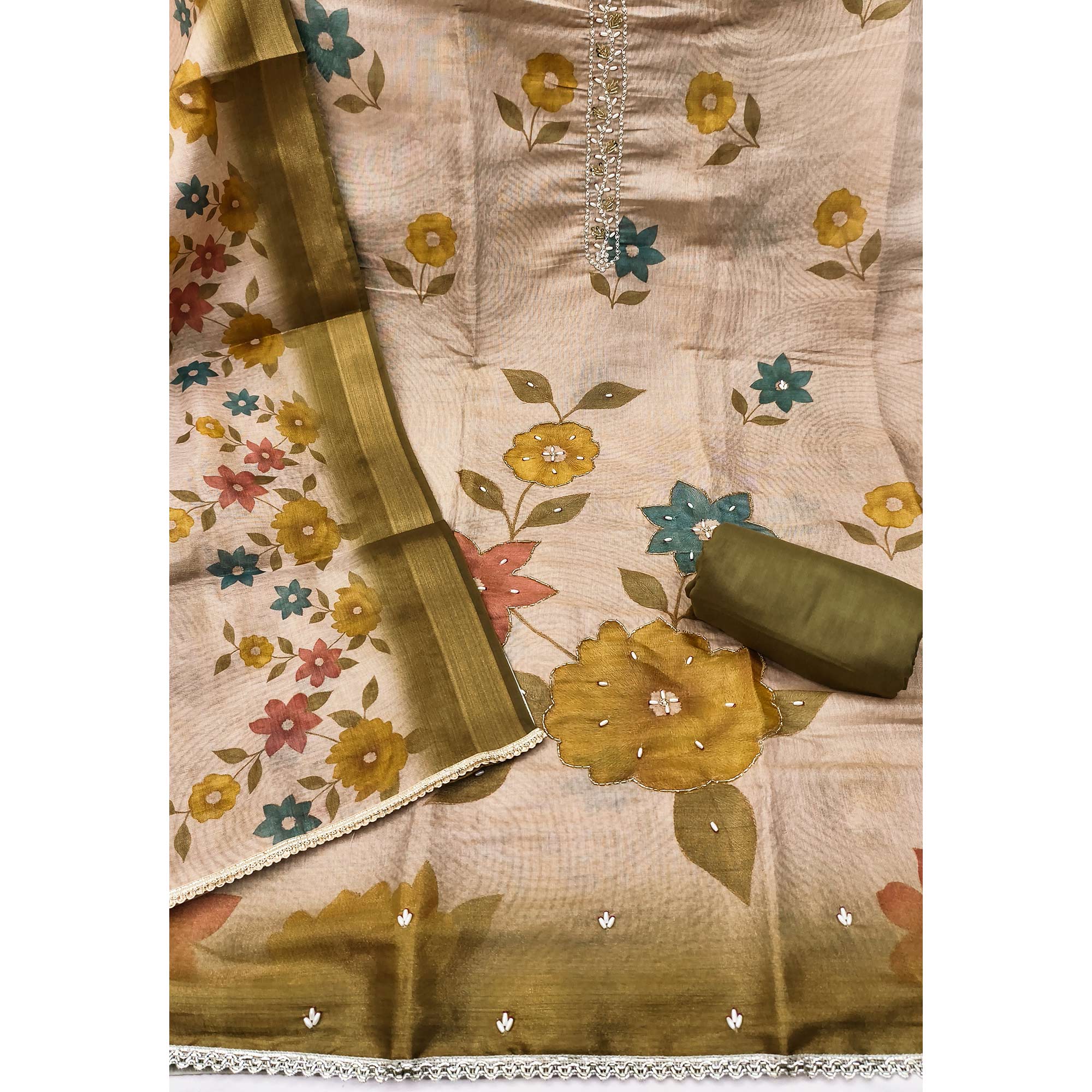 Beige & Mehendi Green Digital Floral Printed Shimmer Dress Material With Pearl & Cutdana Handwork