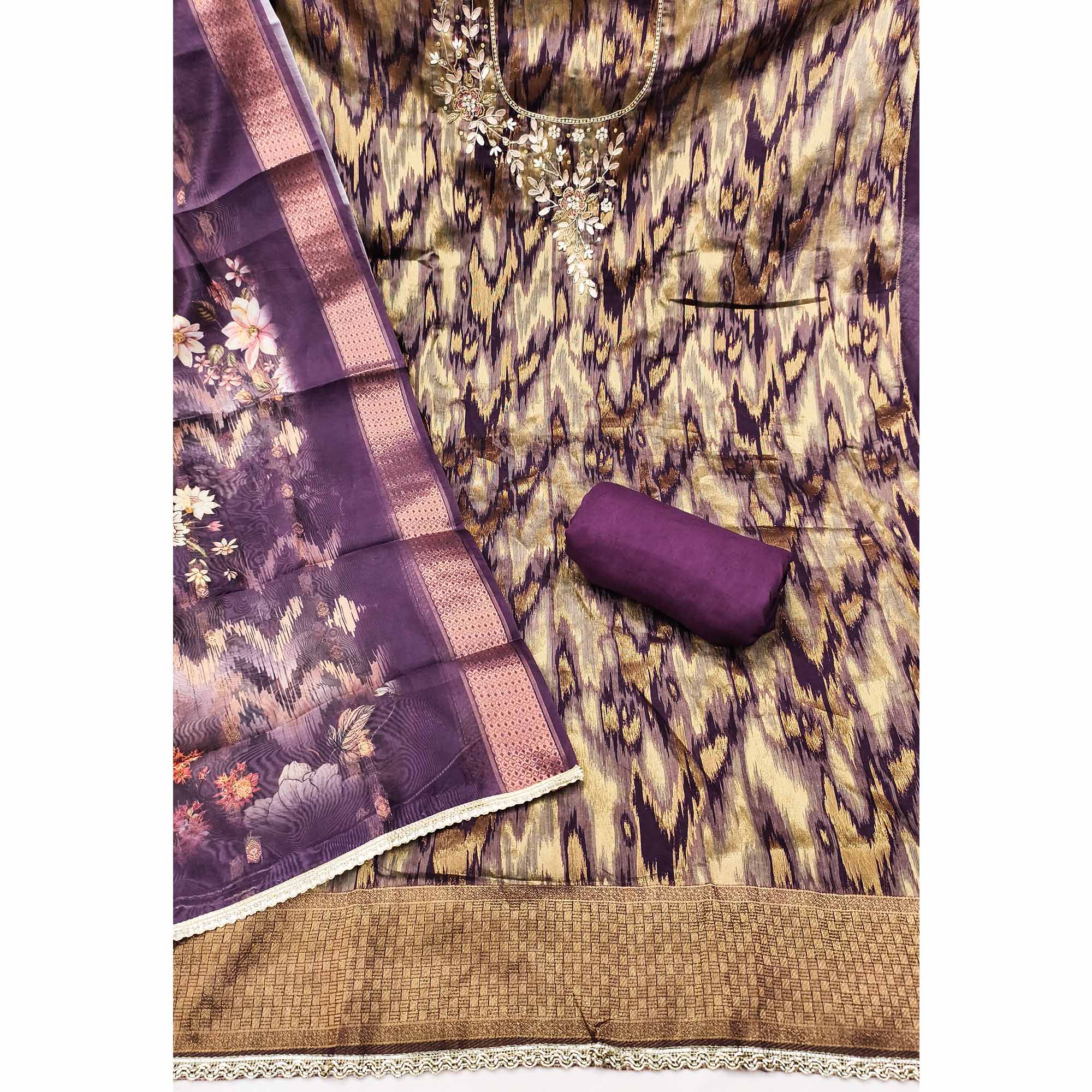 Luxury Purple Ikkat Weaving Viscose Dress Material Adorned With Floral Pearl & Cutdana Handwork