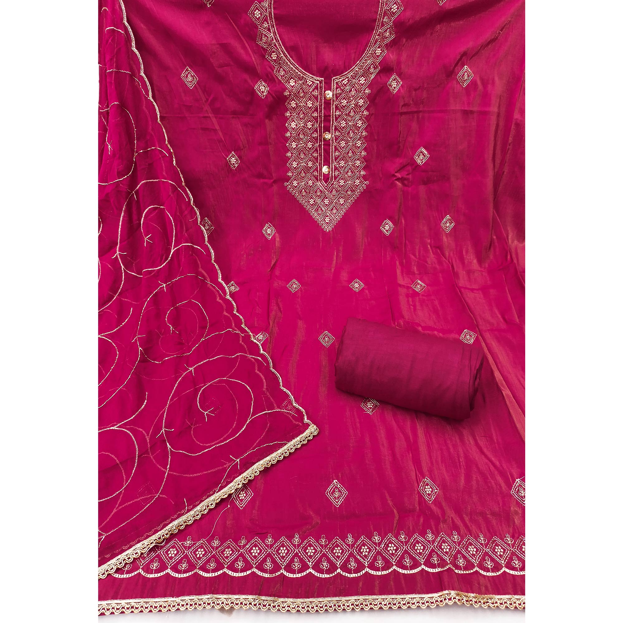 Stylish Pink Floral Embroidered Viscose Dress Material Showcasing Elegant Cutdana Handwork