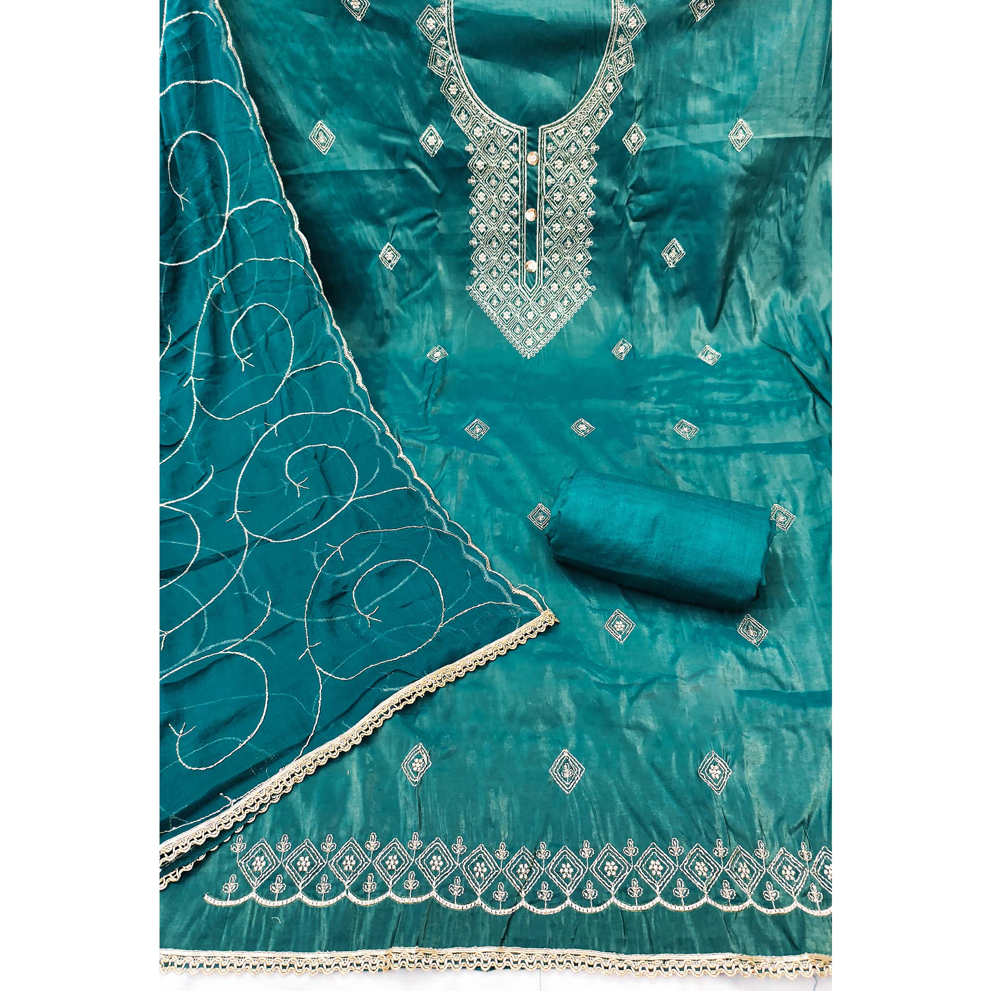 Stylish Teal Floral Embroidered Viscose Dress Material Showcasing Elegant Cutdana Handwork