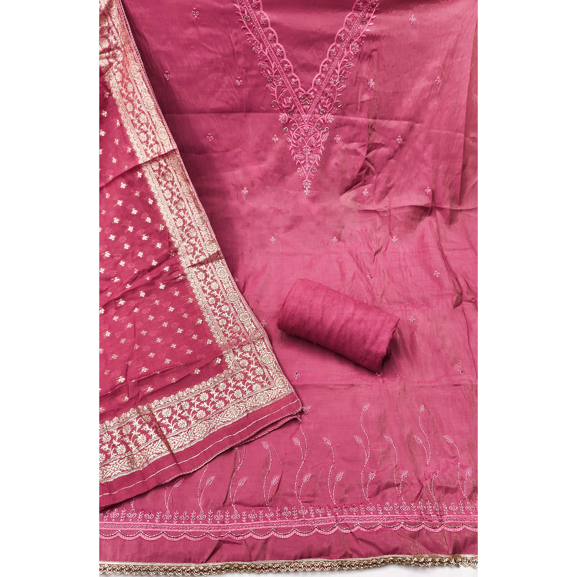 Exclusive Pink Floral Embroidery Viscose Dress Material Enhanced With Cutdana Handwork Accents