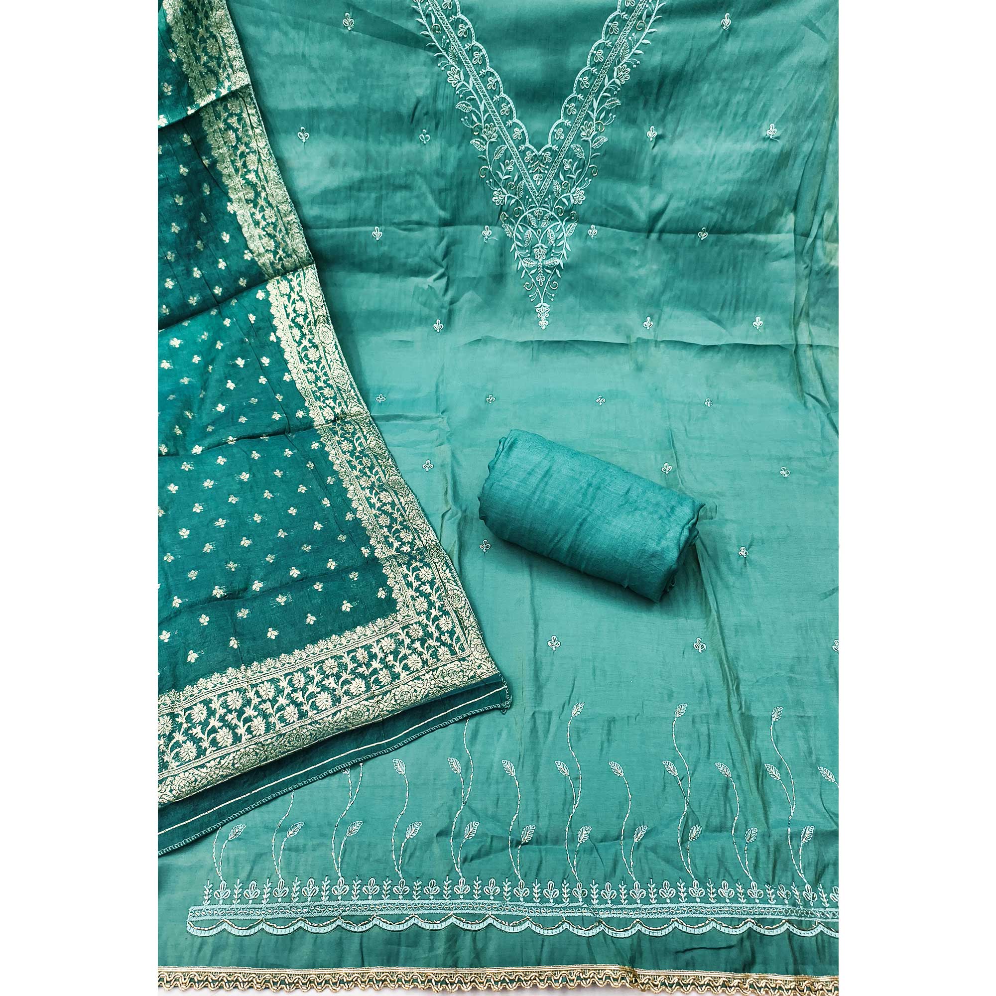 Exclusive Teal Floral Embroidery Viscose Dress Material Enhanced With Cutdana Handwork Accents