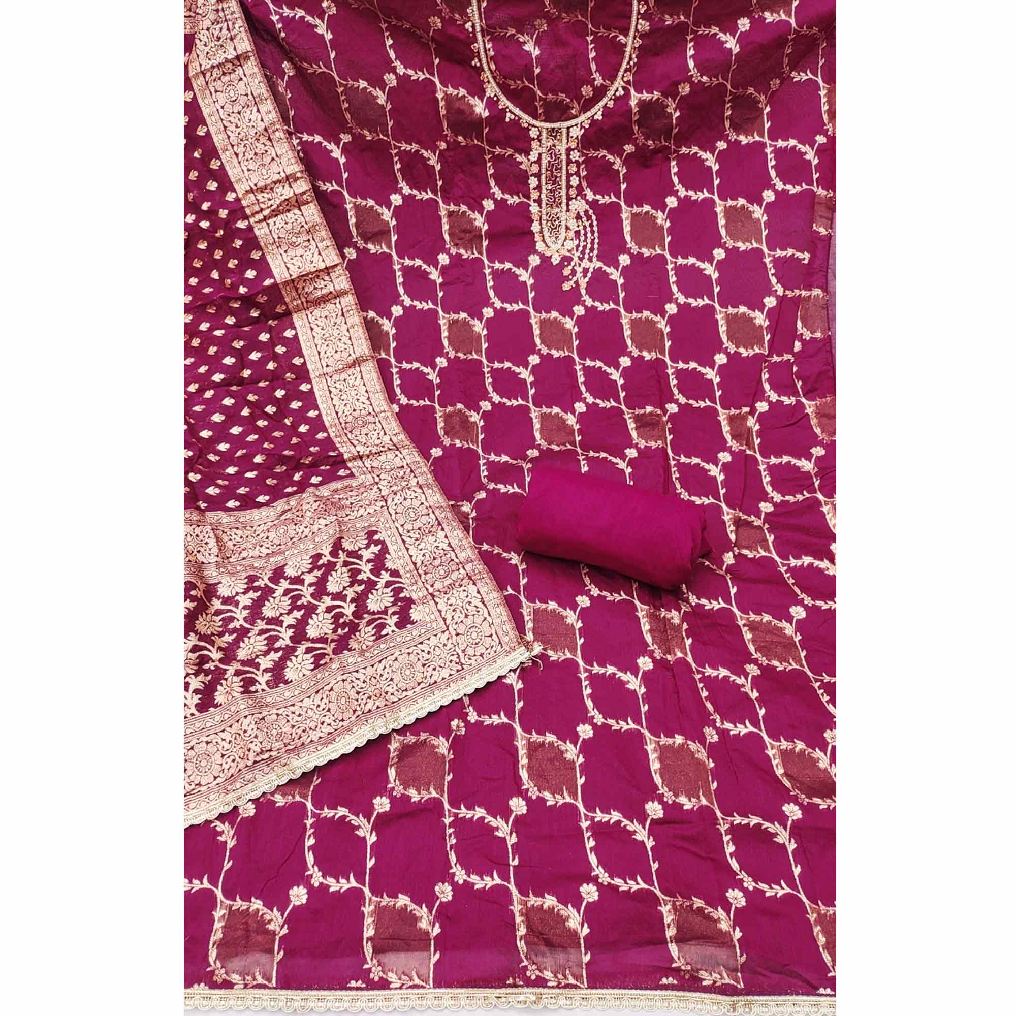 Dark Magenta Floral Weaving Banarasi Silk Dress Material Featuring Sequins & Moti Handwork