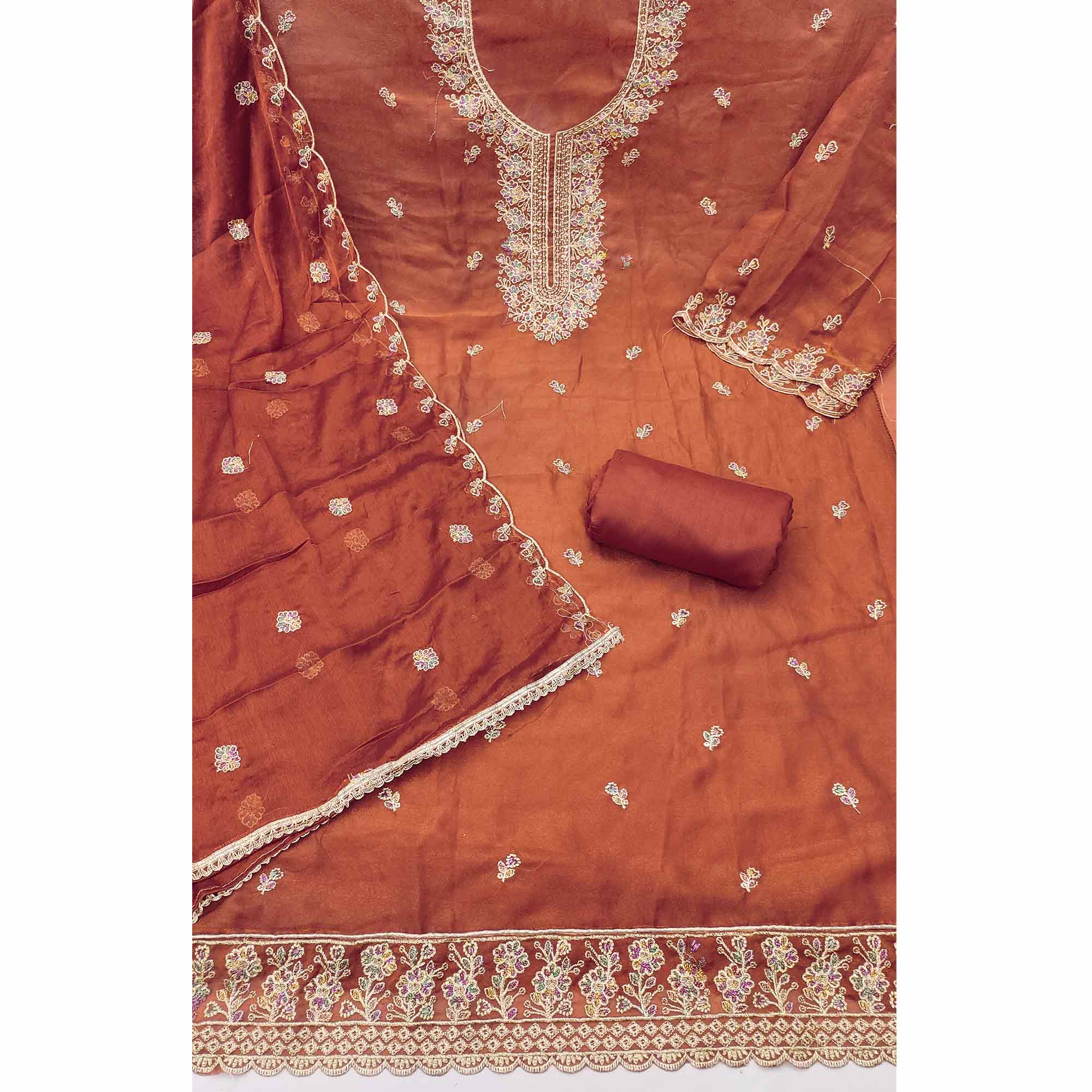 Graceful Rust Floral Sequins Embroidered With Handwork Georgette Dress Material