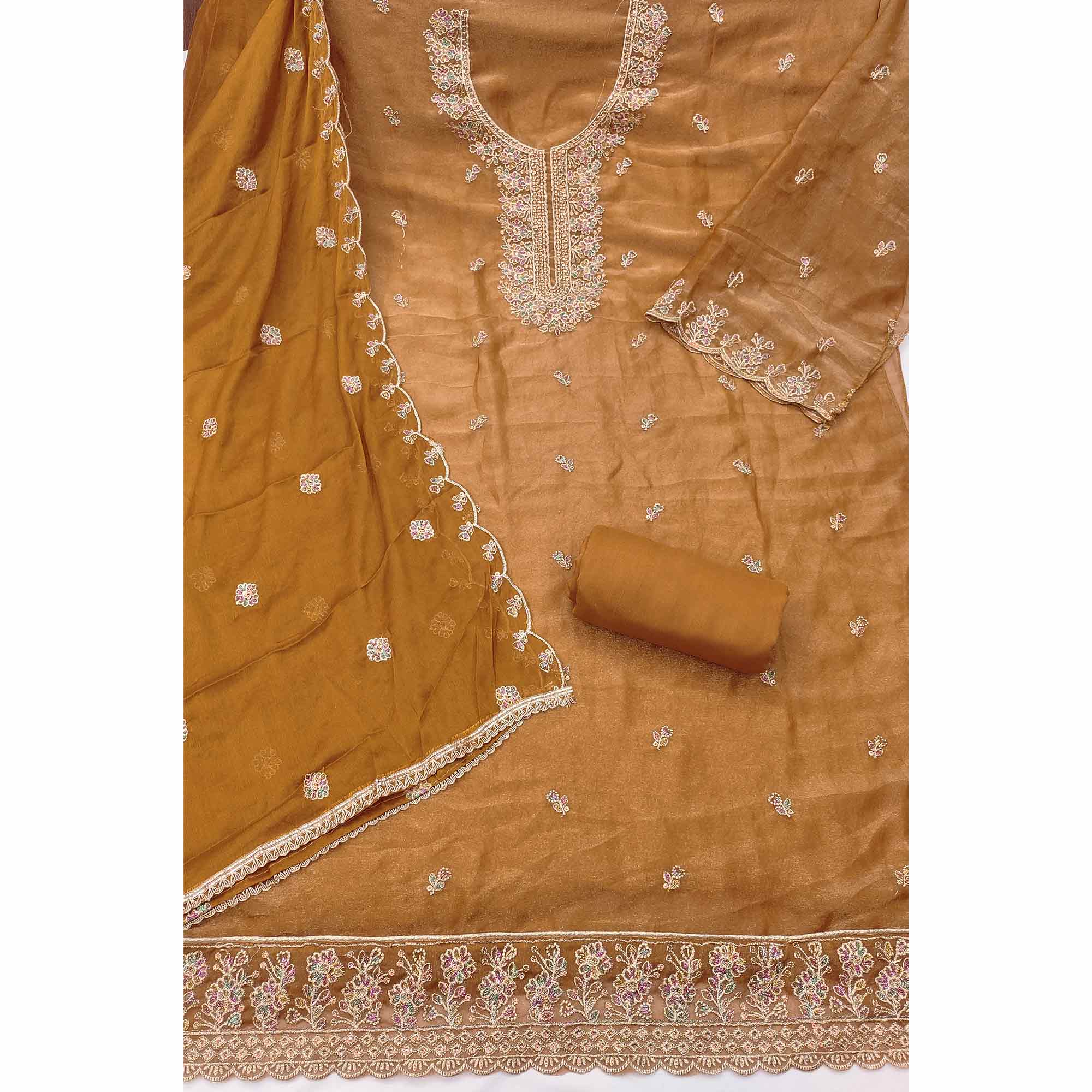 Graceful Light Brown Floral Sequins Embroidered With Handwork Georgette Dress Material