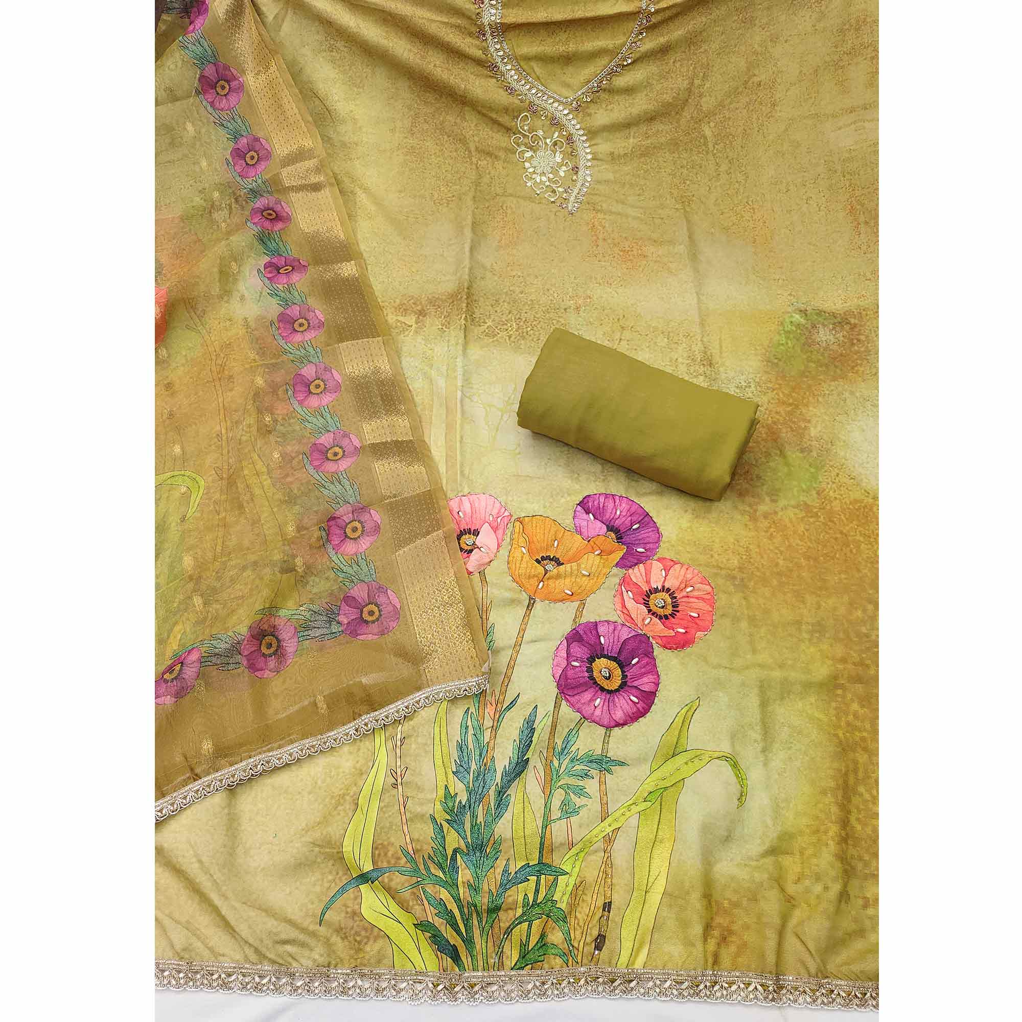 Charming Green Floral Digital Printed Rayon Dress Material With Sequins & Moti Handwork