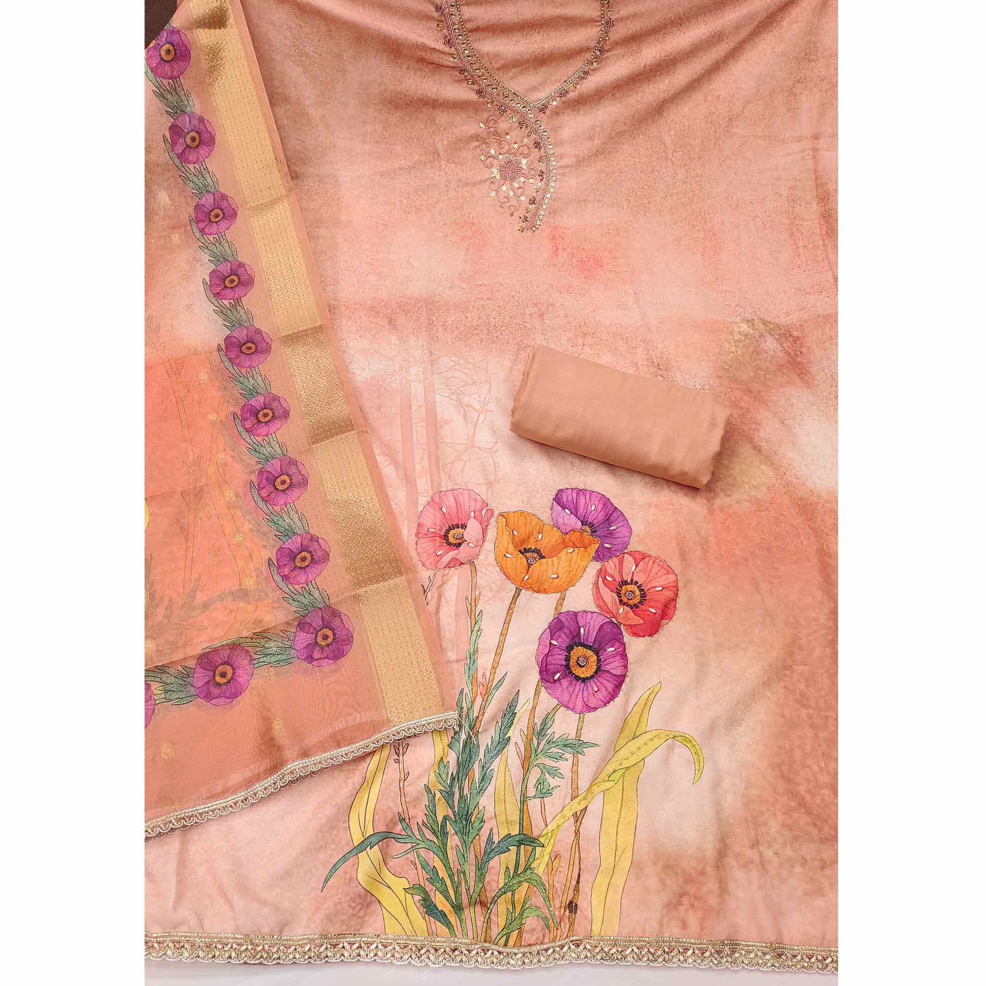 Charming Peach Floral Digital Printed Rayon Dress Material With Sequins & Moti Handwork