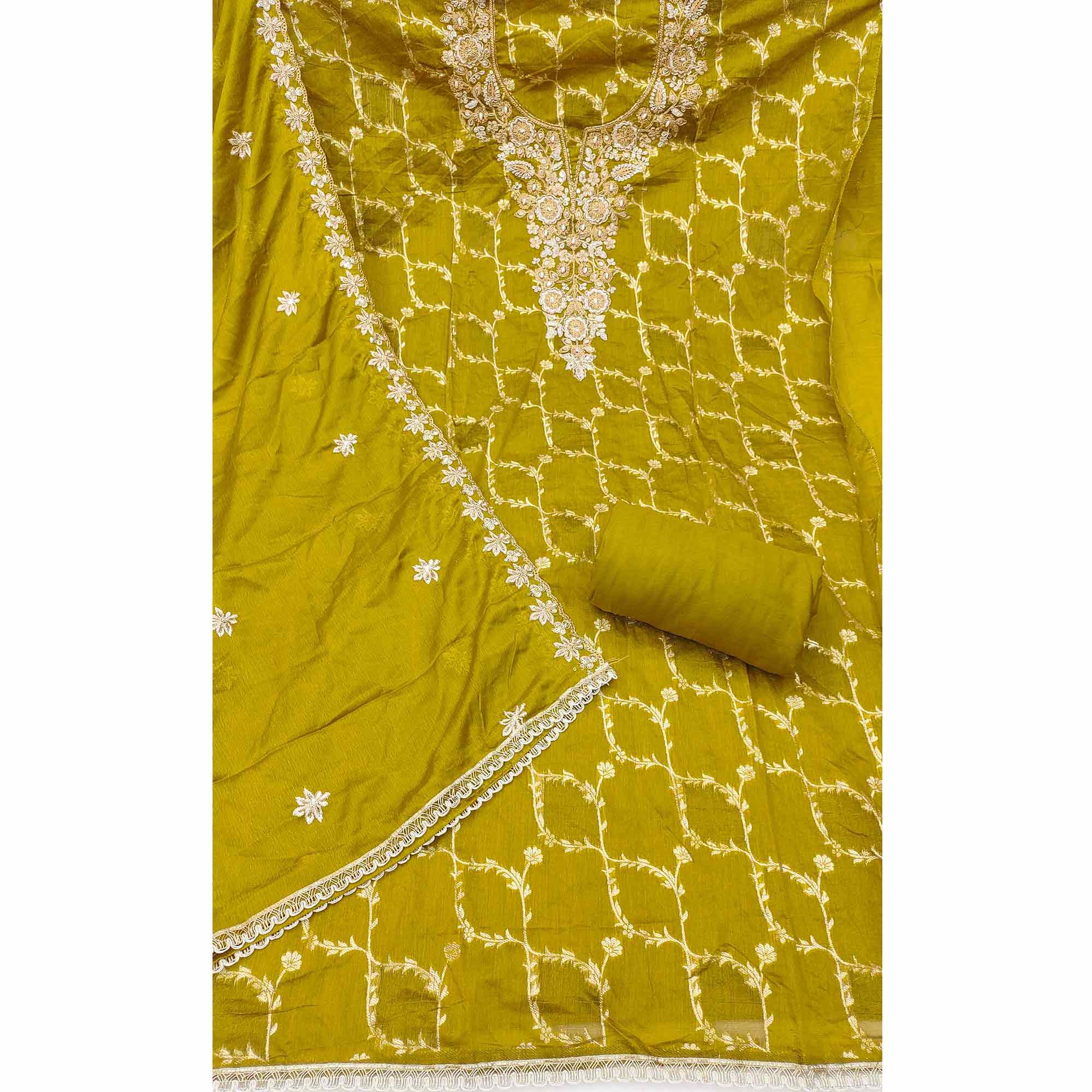 Luxury Green Floral Weaving Banarasi Silk Dress Material With Fine Sequins Cording Hand Embroidery