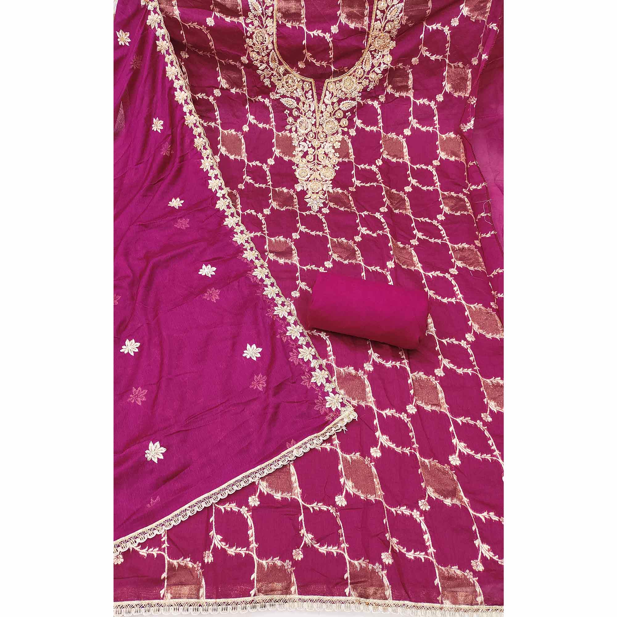 Luxury Magenta Floral Weaving Banarasi Silk Dress Material With Sequins Cording Hand Embroidery