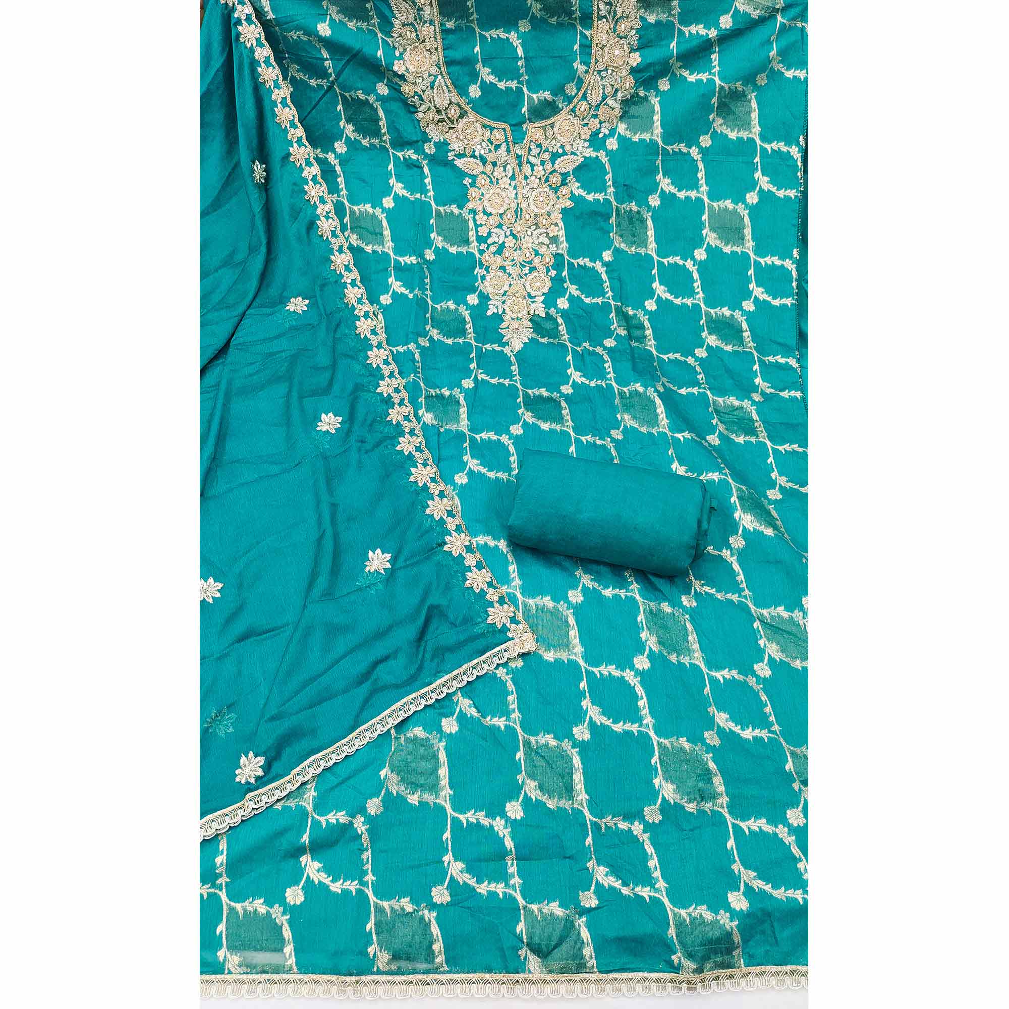 Luxury Rama Blue Floral Weaving Banarasi Silk Dress Material With Sequins Cording Hand Embroidery