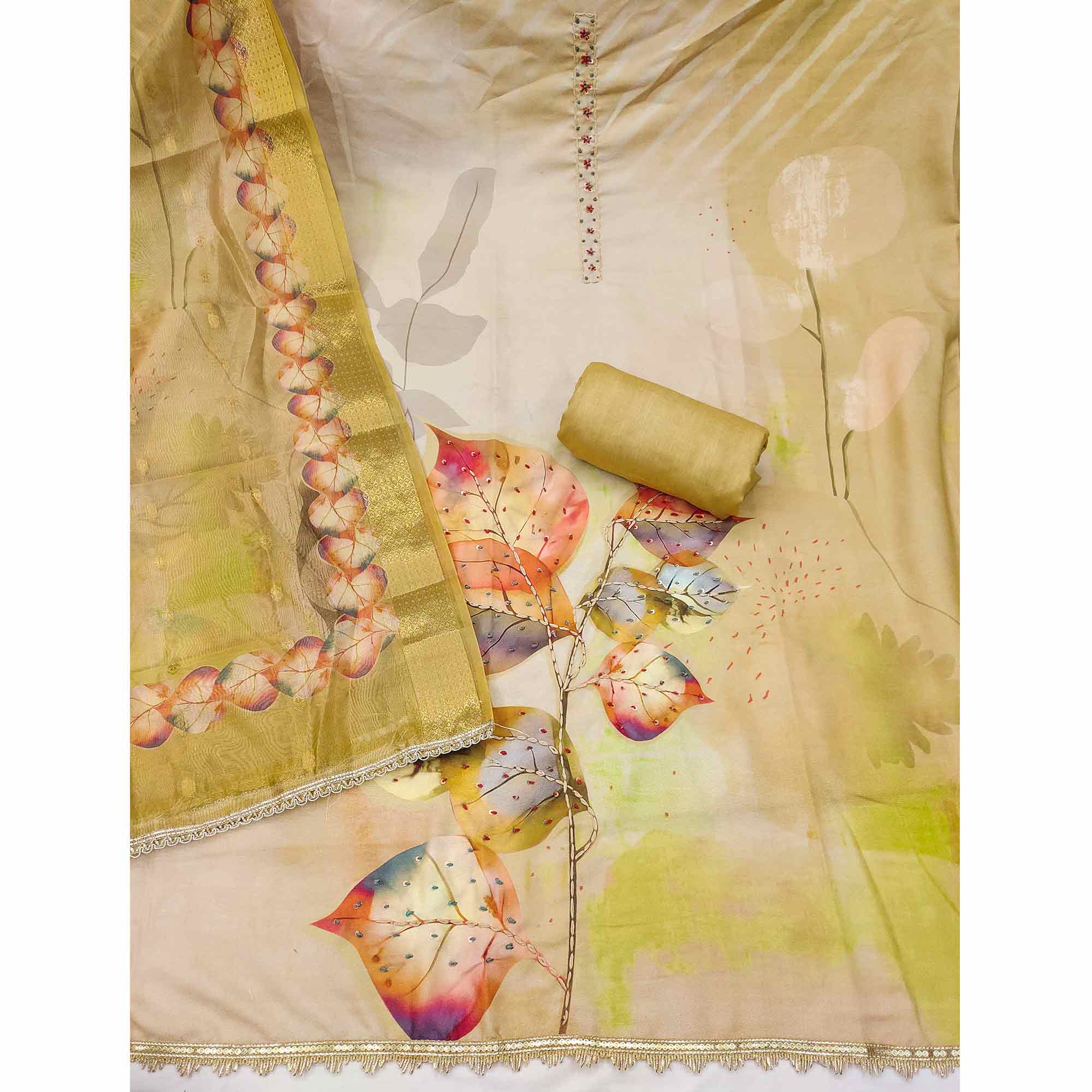 Fresh Green Leaf Digital Printed Rayon Dress Material With Sequins & Delicate Handwork