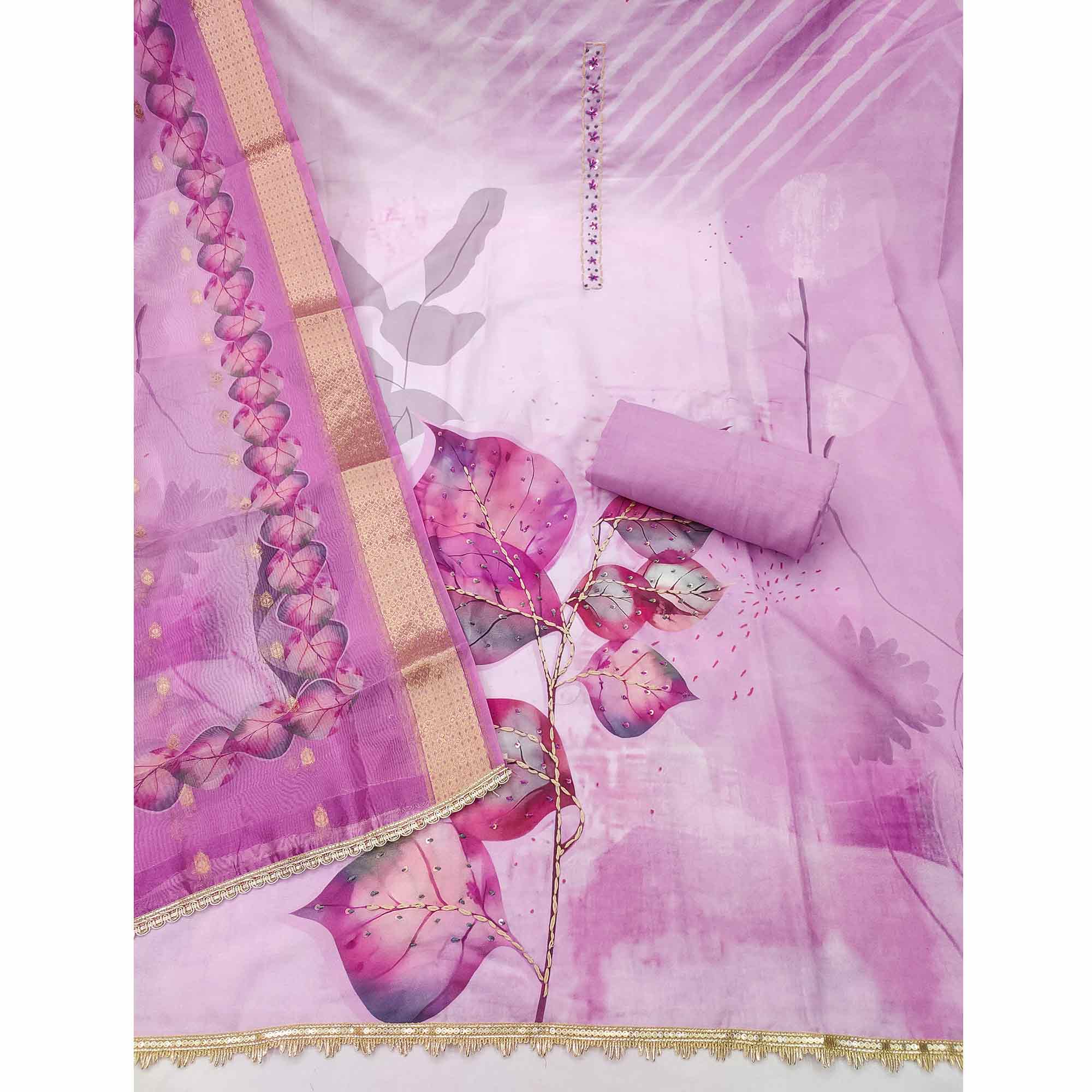 Fresh Lavender Leaf Digital Printed Rayon Dress Material With Sequins & Delicate Handwork