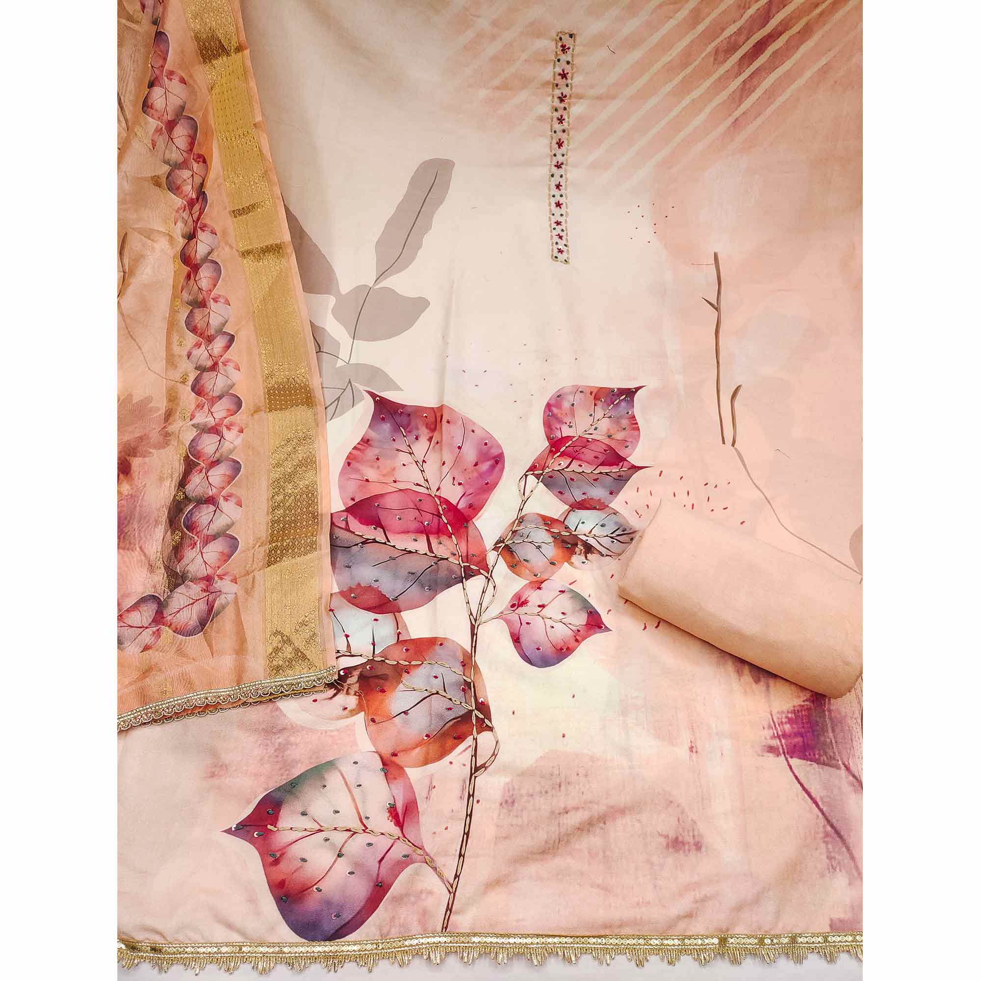 Fresh Peach Leaf Digital Printed Rayon Dress Material With Sequins & Delicate Handwork