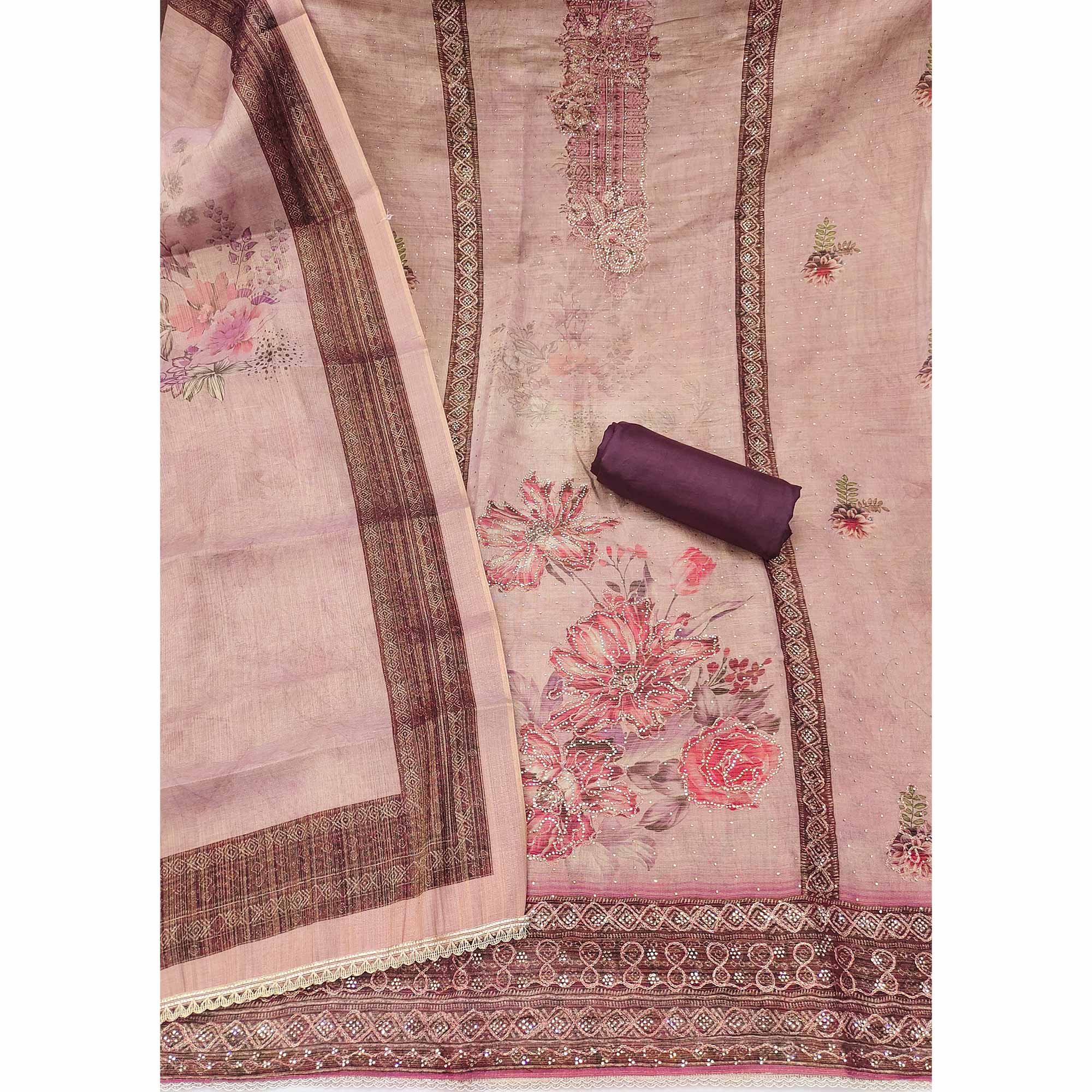 Sophisticated light purple Floral Digital Print With Swarovski Work Shimmer Dress Material