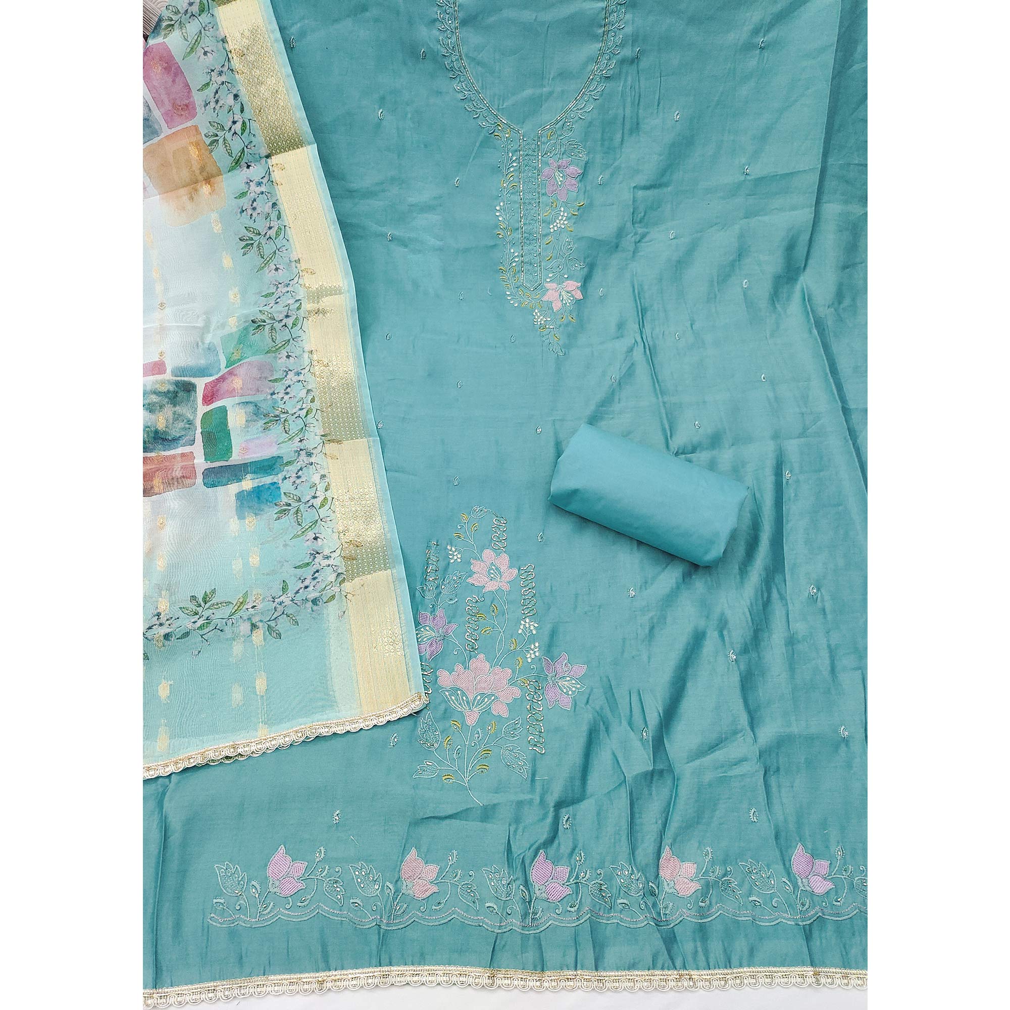 Charming Blue Floral Thread Embroidered With Artful Handwork Cotton Silk Dress Material