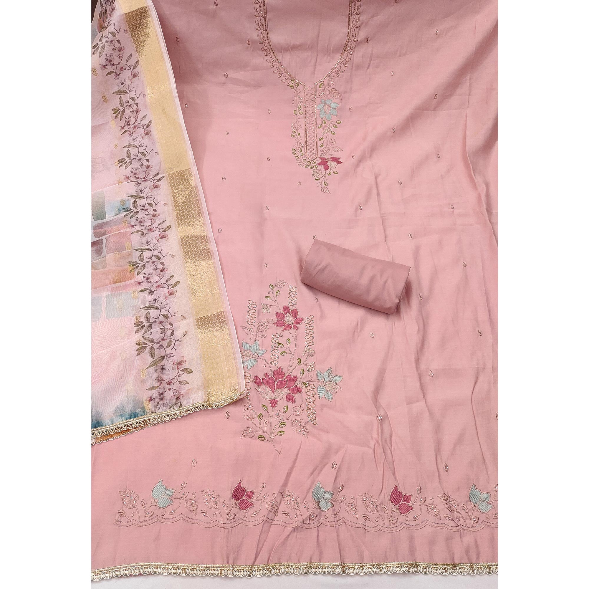 Charming Peach Floral Thread Embroidered With Artful Handwork Cotton Silk Dress Material