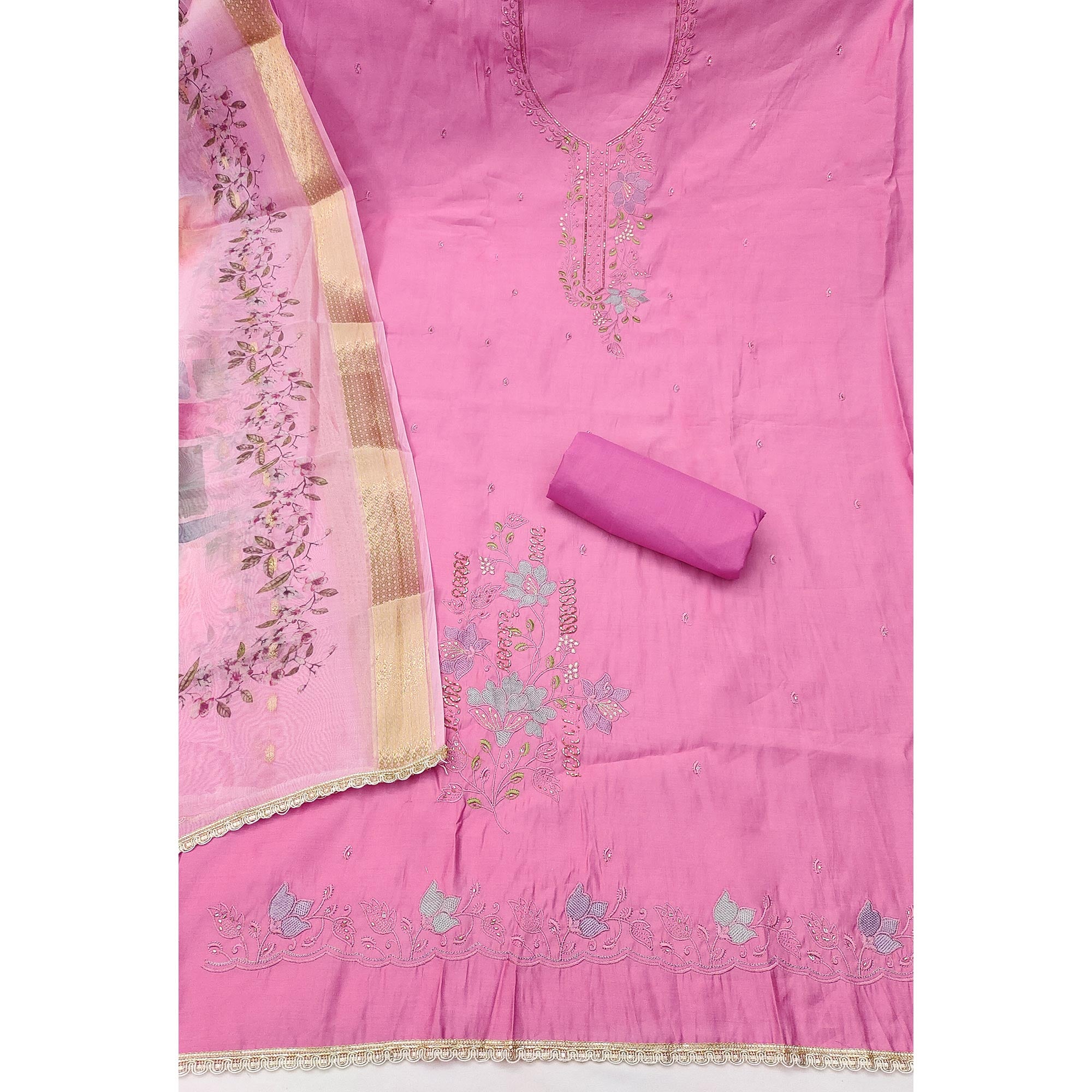 Charming Pink Floral Thread Embroidered With Artful Handwork Cotton Silk Dress Material