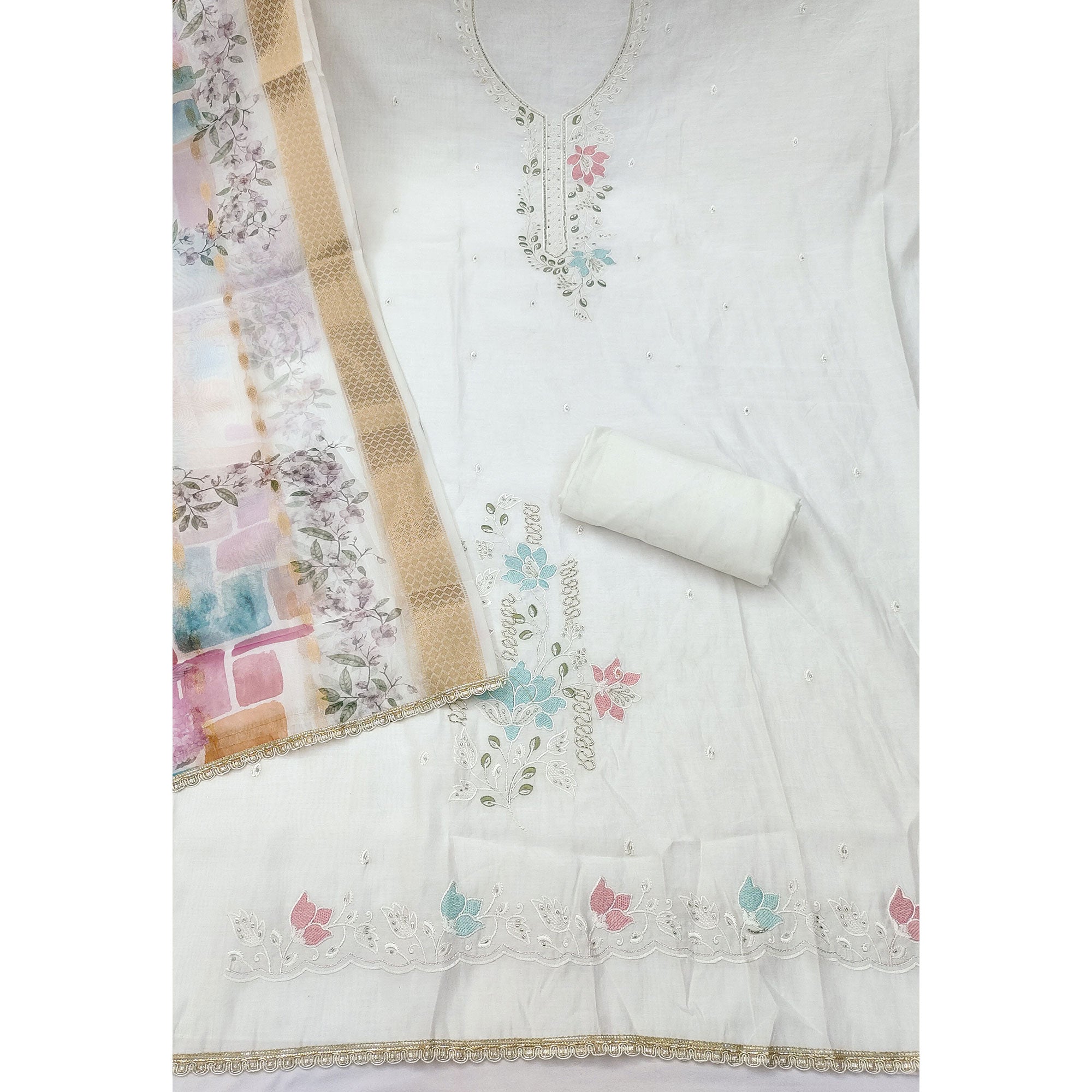 Charming White Floral Thread Embroidered With Artful Handwork Cotton Silk Dress Material