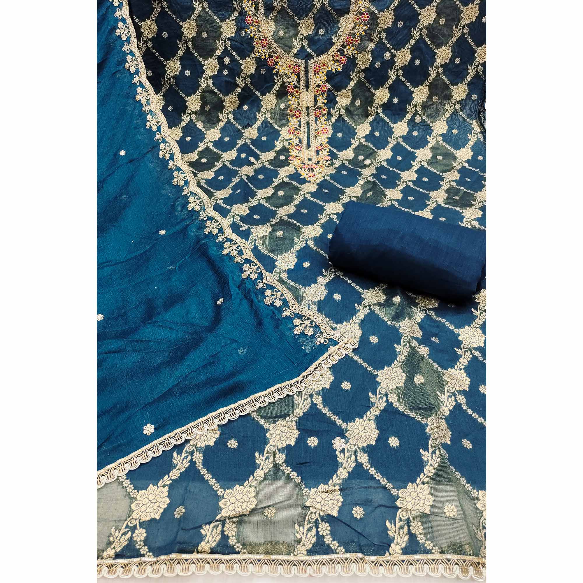 Opulent Blue Floral Woven Banarasi Silk Dress Material With Detailed Handwork & Sequin Embroidery