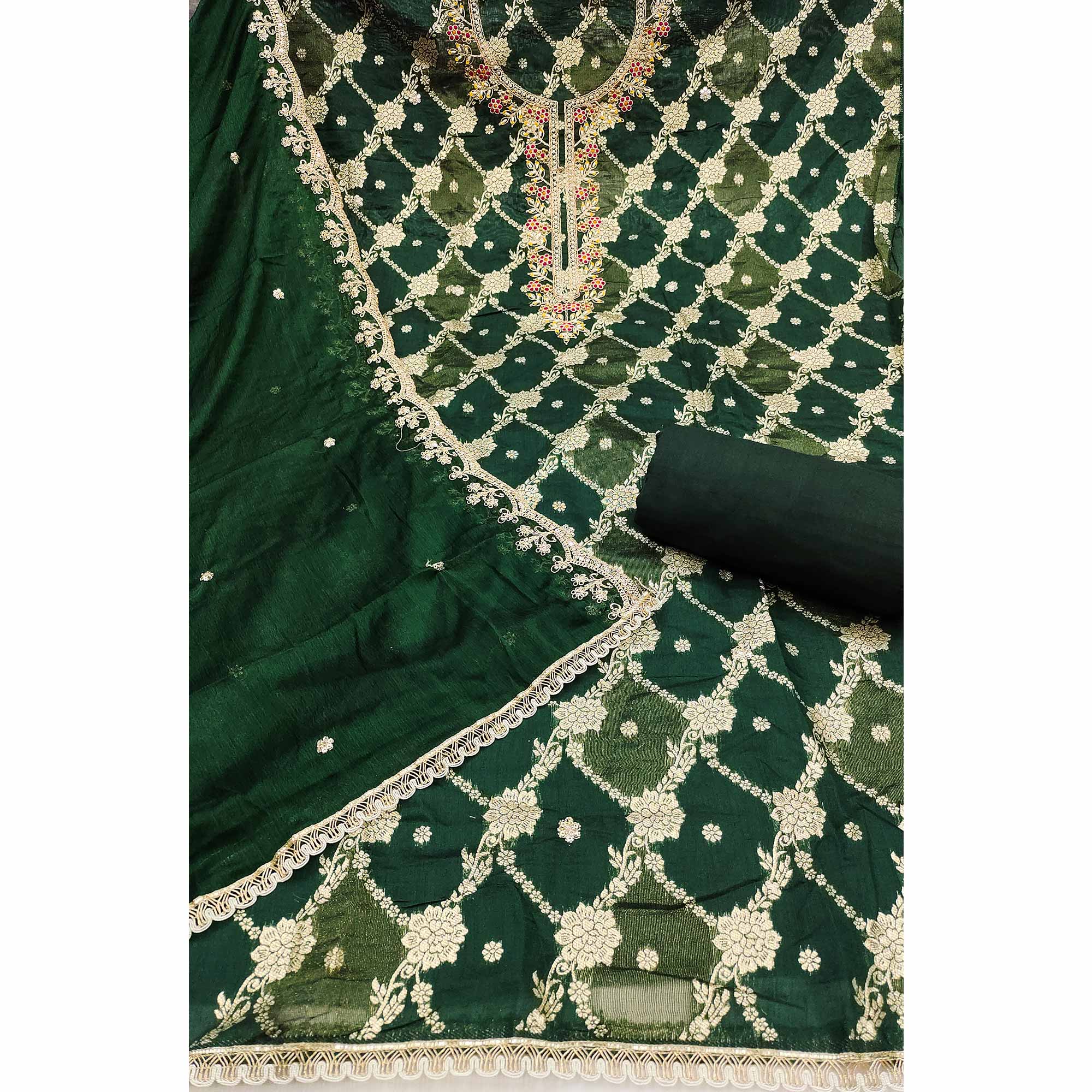 Opulent Green Floral Woven Banarasi Silk Dress Material With Detailed Handwork & Sequin Embroidery